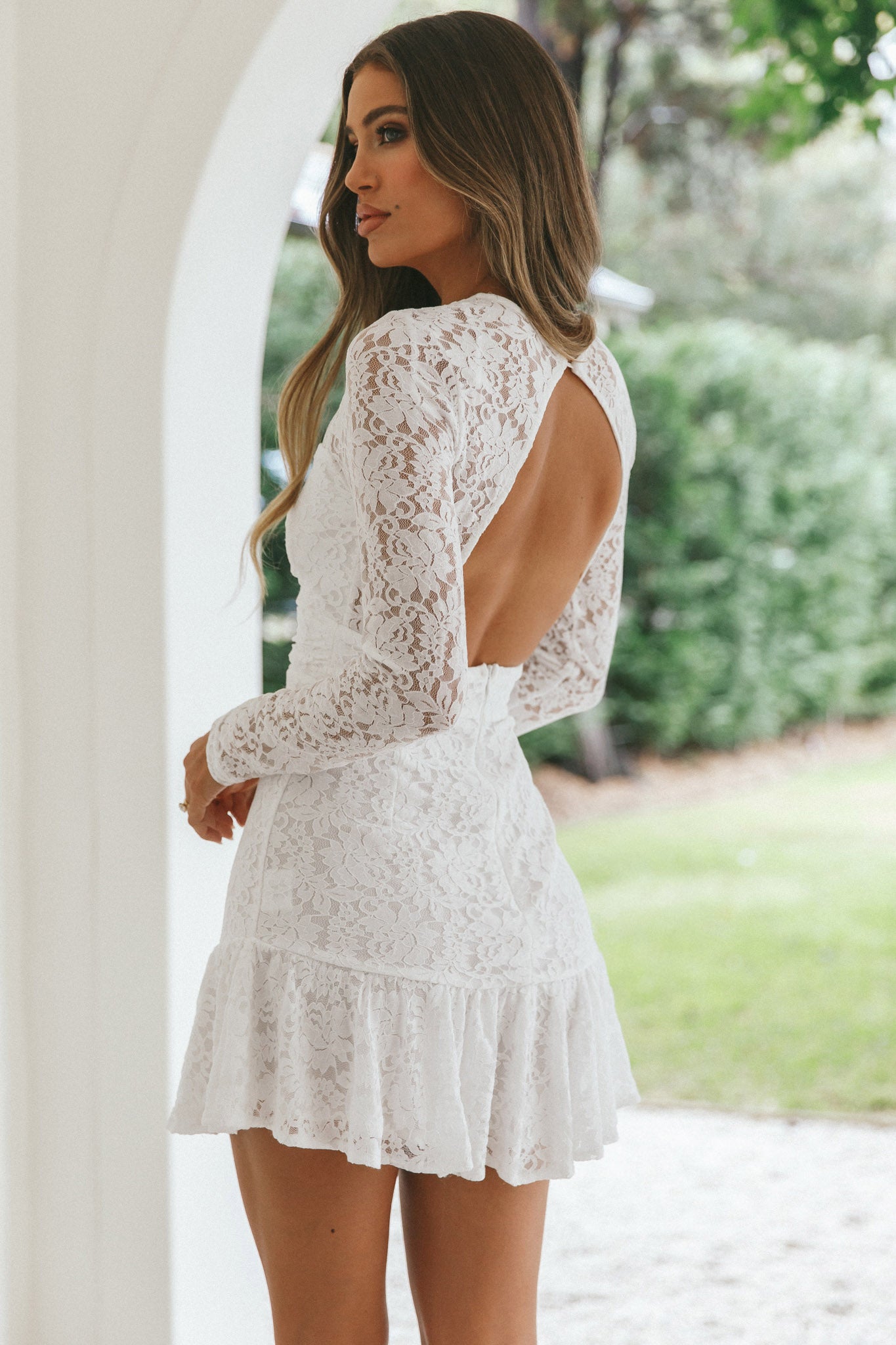 Hearts Aflutter Long Sleeve Open Back Lace Mini Dress White-Maymioy