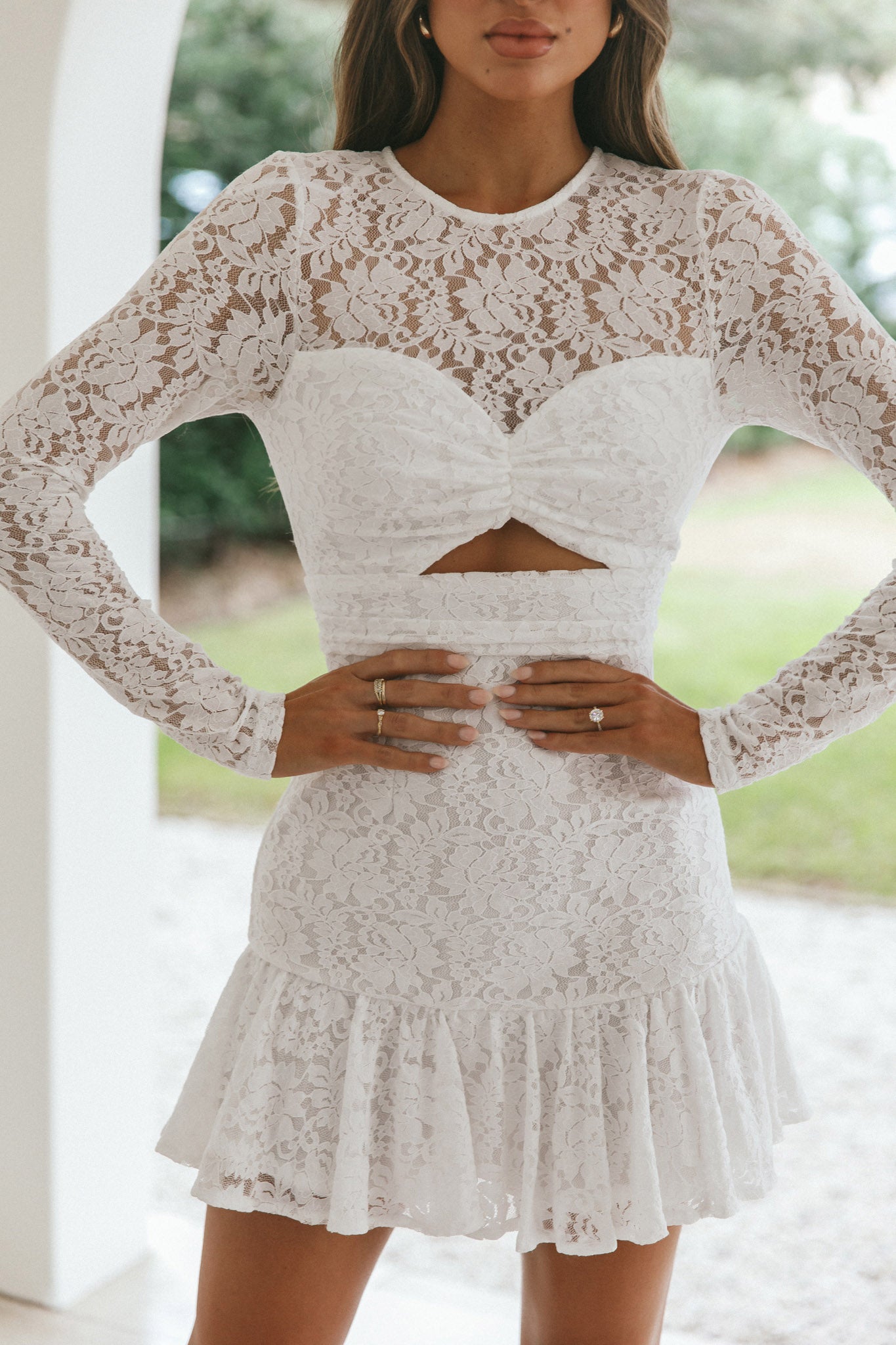 Hearts Aflutter Long Sleeve Open Back Lace Mini Dress White-Maymioy