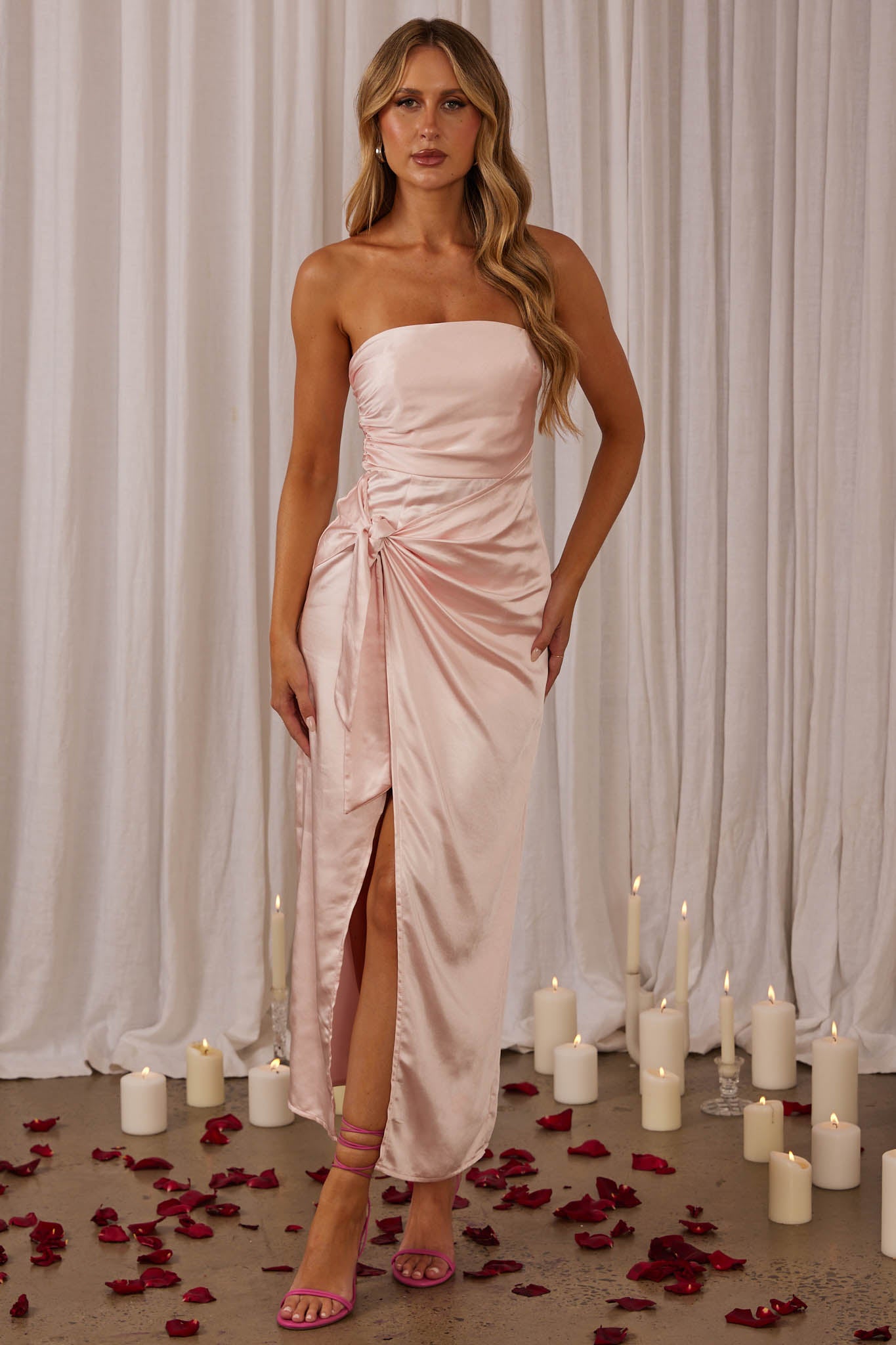 Gianna Strapless Waist Tie Midi Dress Blush-Maymioy