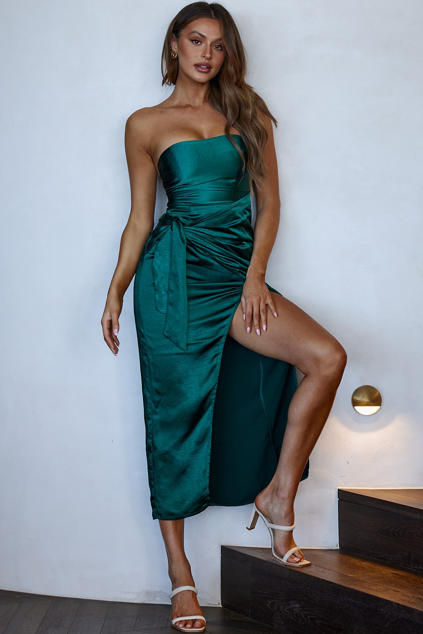 Gianna Strapless Waist Tie Midi Dress Forest Green-Maymioy