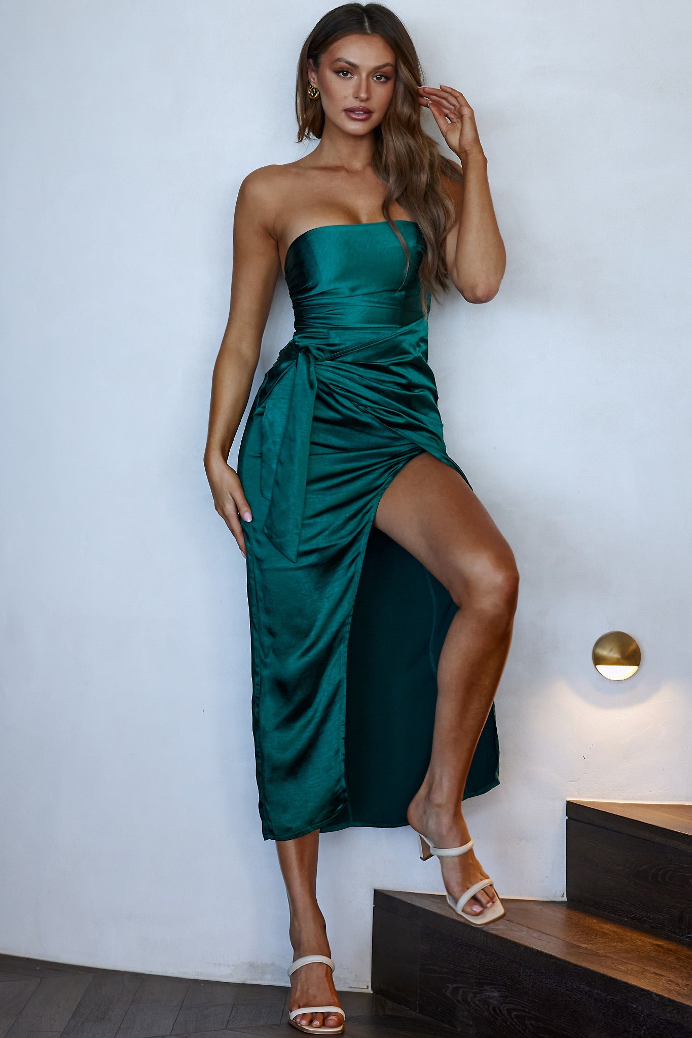 Gianna Strapless Waist Tie Midi Dress Forest Green-Maymioy