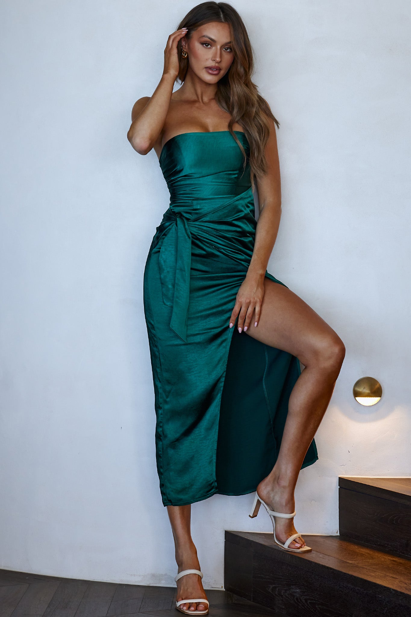 Gianna Strapless Waist Tie Midi Dress Forest Green-Maymioy
