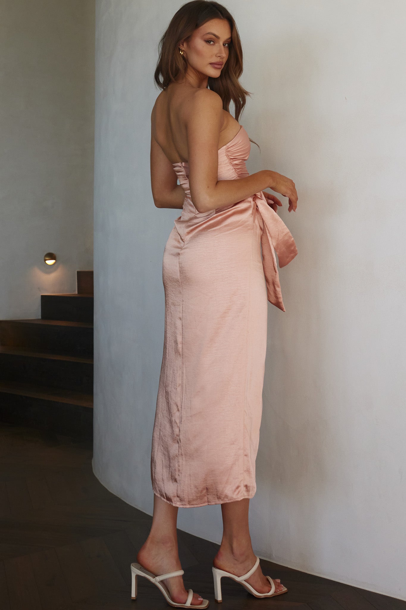 Gianna Strapless Waist Tie Midi Dress Peach-Maymioy