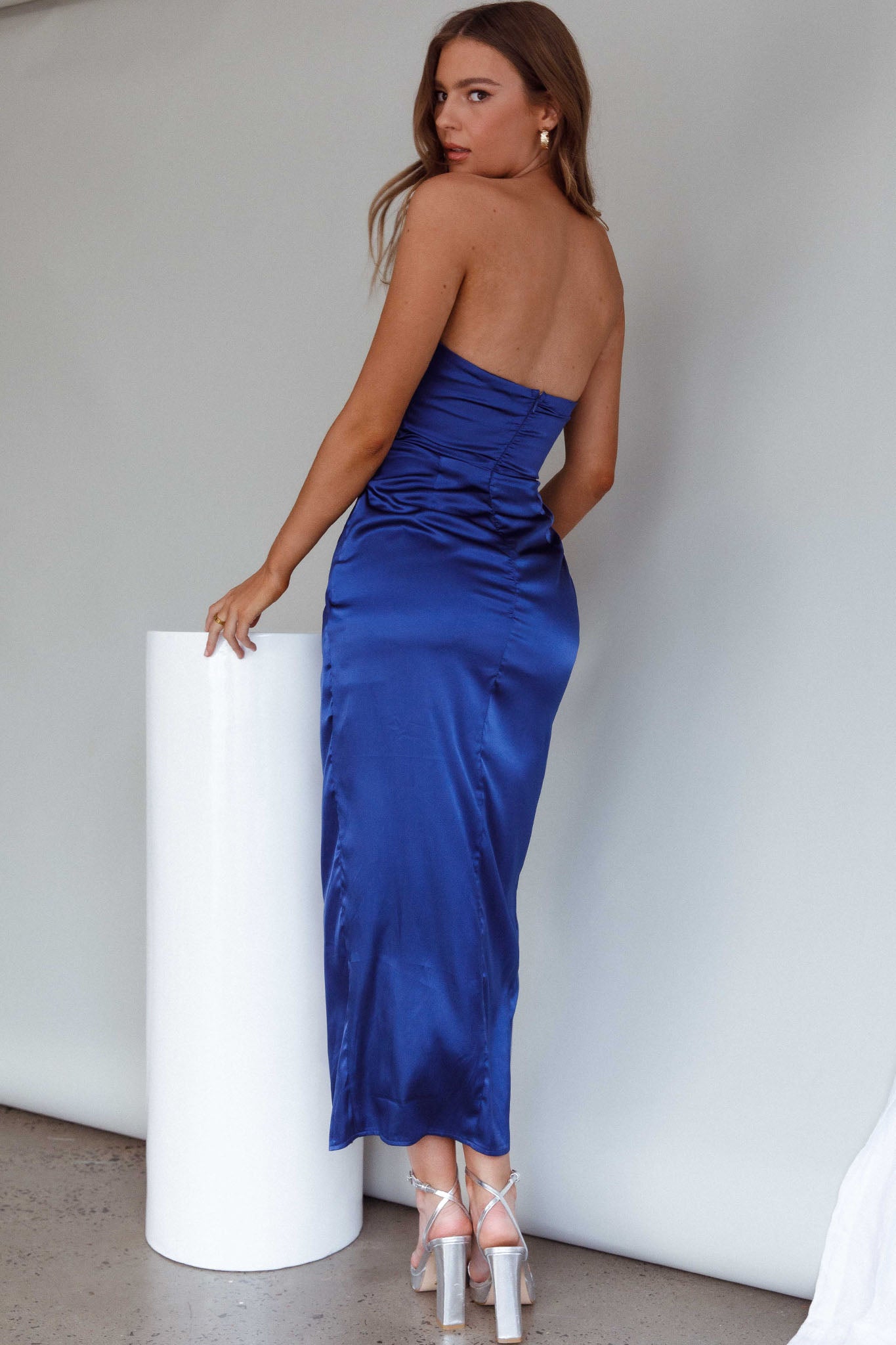 Gianna Strapless Ruched Bust Midi Dress Navy-Maymioy