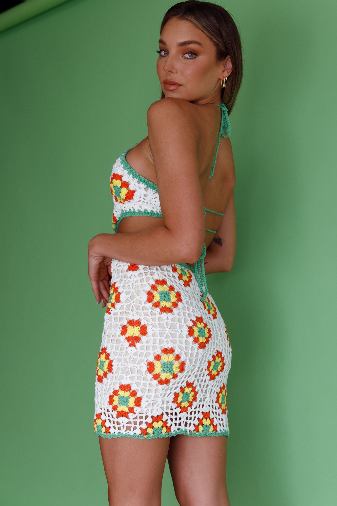 Summer Love Open Back Crochet Mini Dress Green-Maymioy
