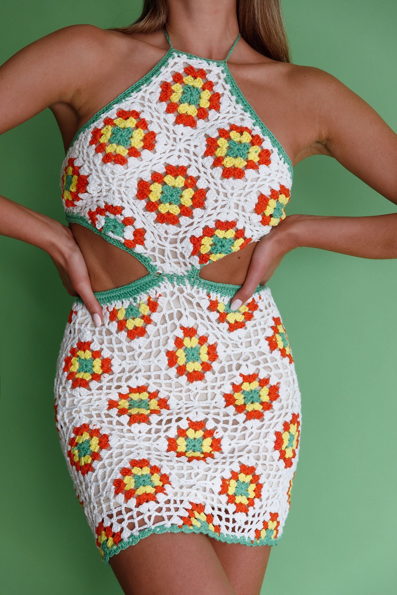 Summer Love Open Back Crochet Mini Dress Green-Maymioy