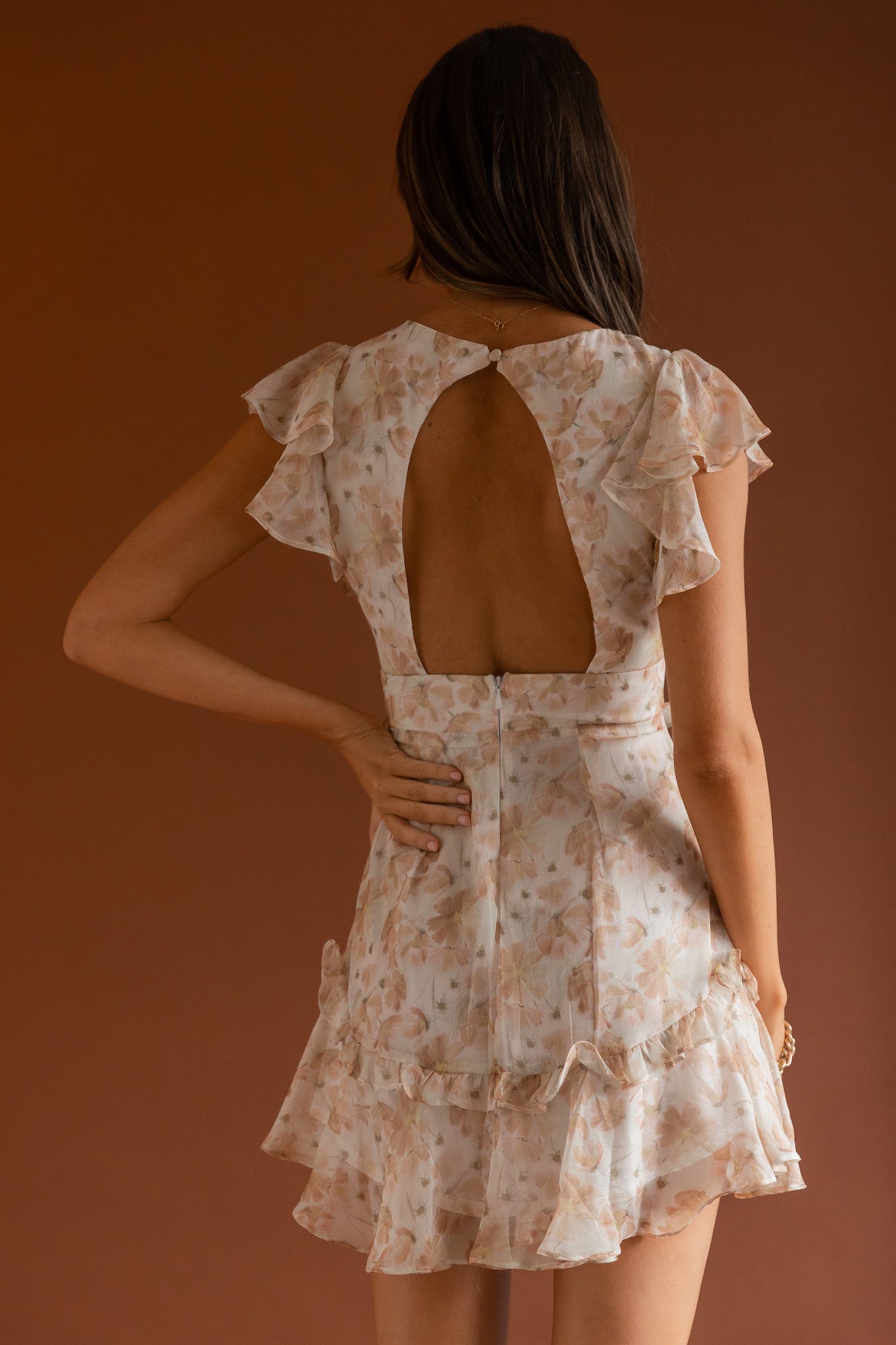 New Dawn Frill Shoulder Mini Dress Floral Mocha-Maymioy