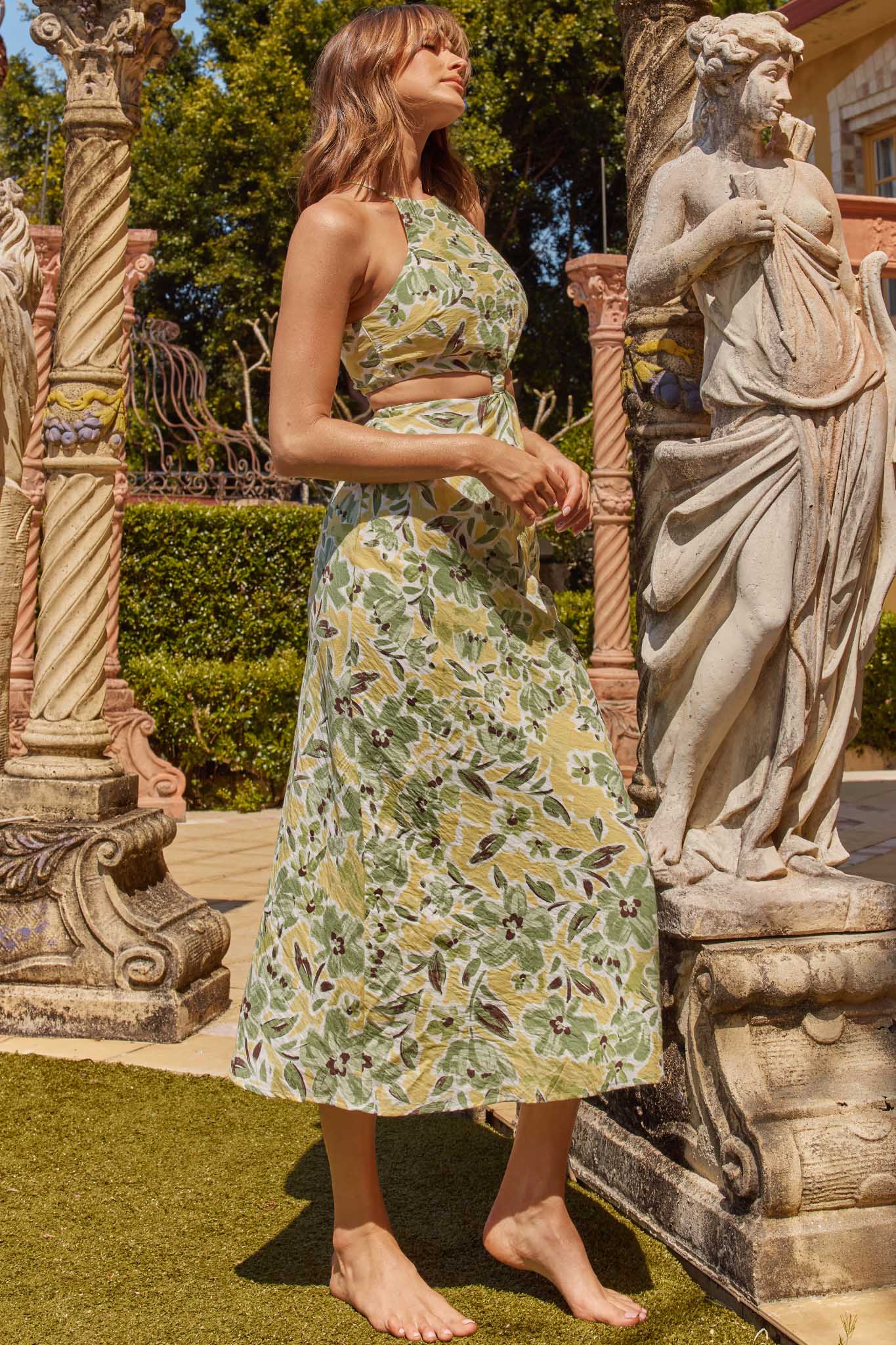Utopia Cut-Out Waist Midi Dress Green/Yellow-Maymioy