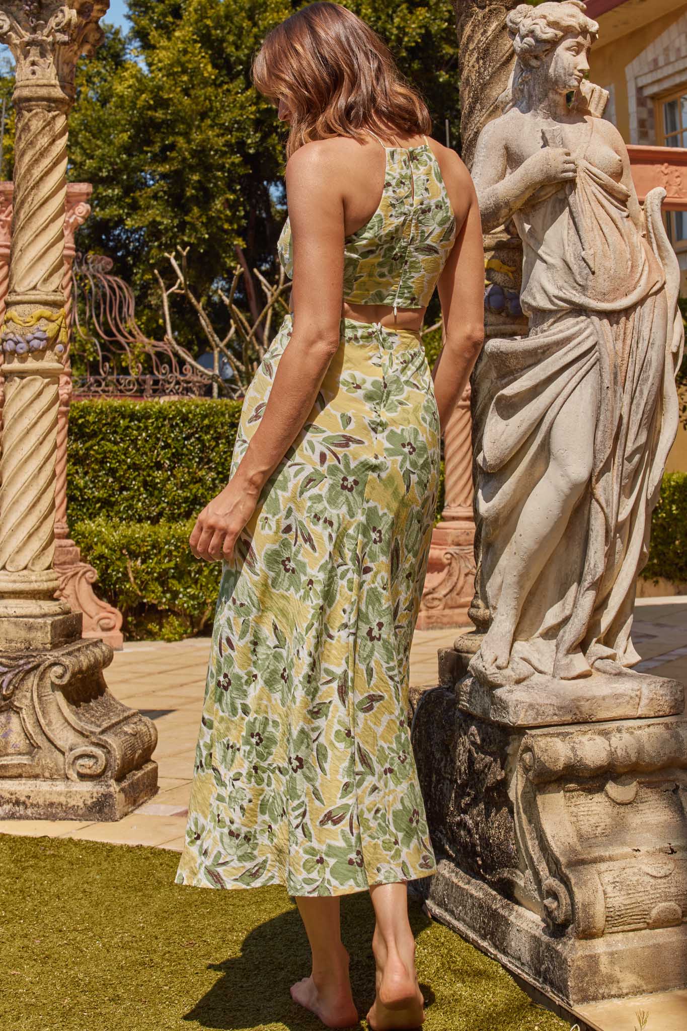 Utopia Cut-Out Waist Midi Dress Green/Yellow-Maymioy