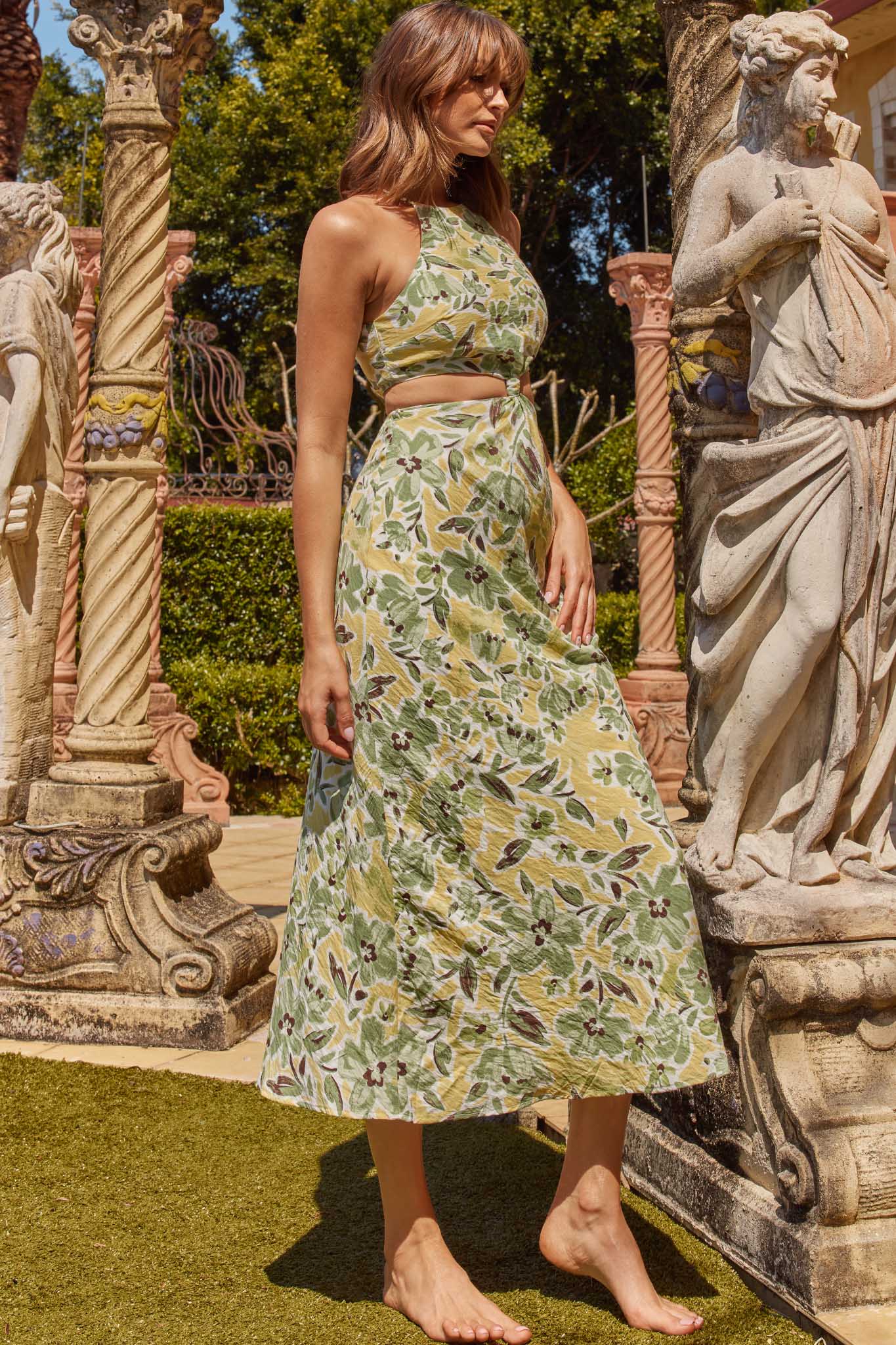 Utopia Cut-Out Waist Midi Dress Green/Yellow-Maymioy
