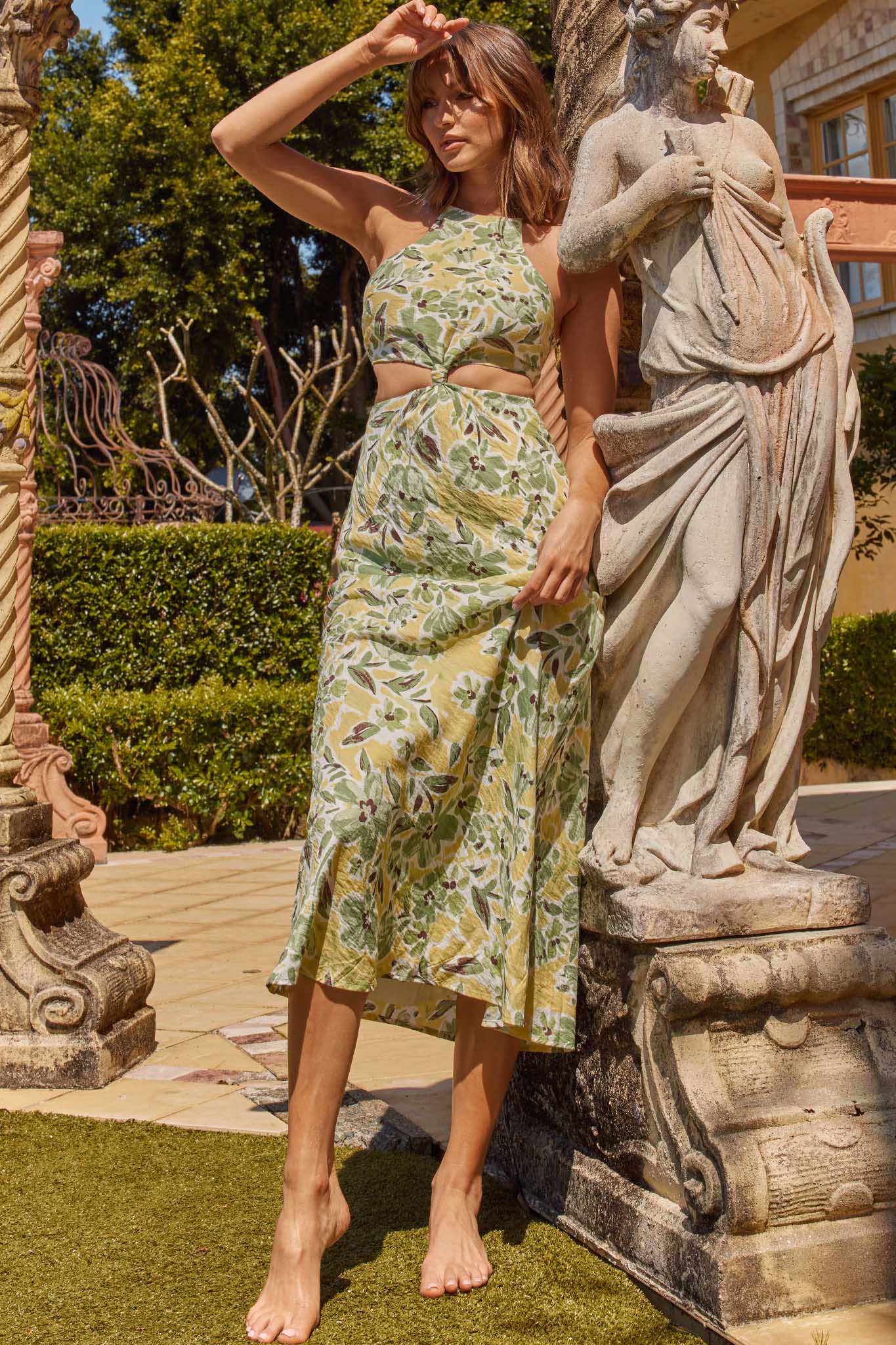 Utopia Cut-Out Waist Midi Dress Green/Yellow-Maymioy