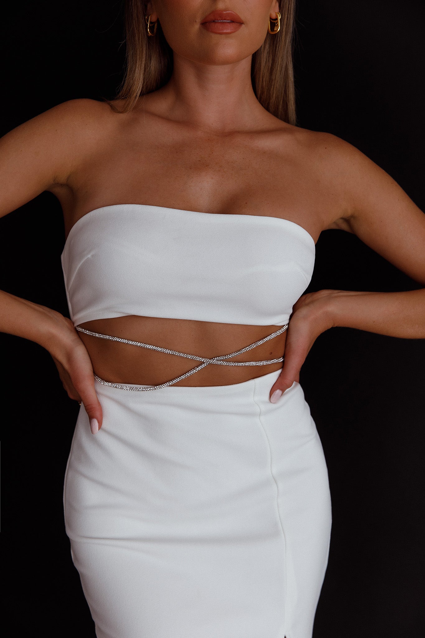 Nohemi Strapless Diamante Midi Dress White-Maymioy