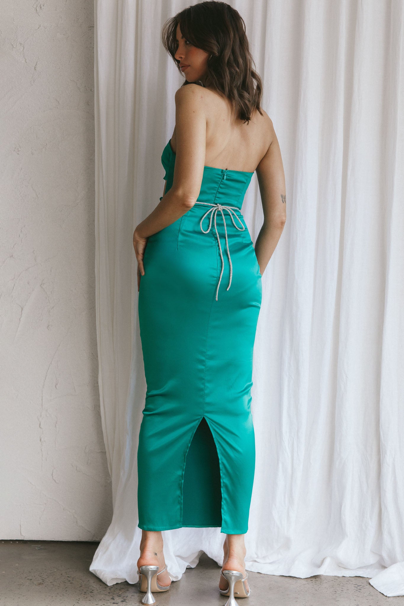 Nohemi Strapless Diamante Maxi Dress Green-Maymioy