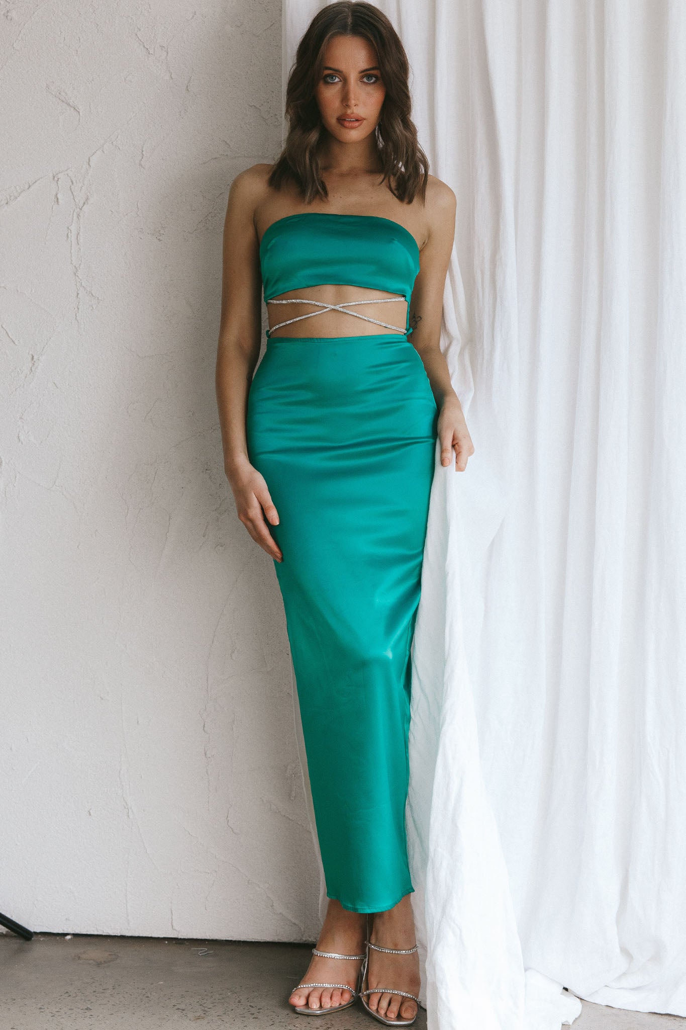 Nohemi Strapless Diamante Maxi Dress Green-Maymioy