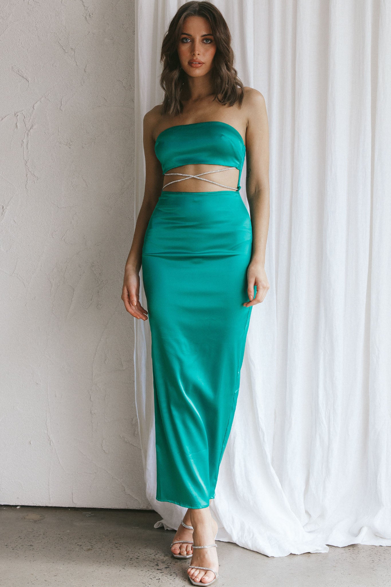 Nohemi Strapless Diamante Maxi Dress Green-Maymioy