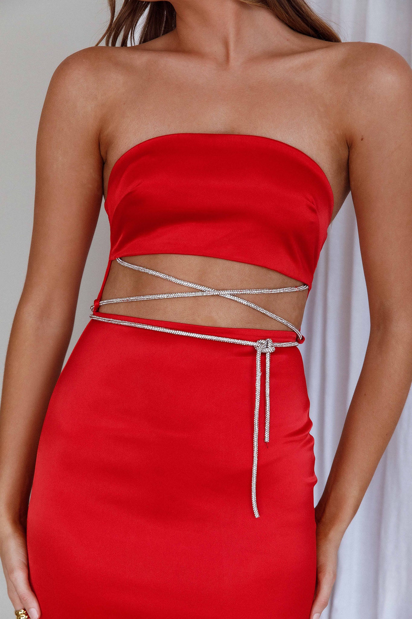 Nohemi Strapless Diamante Maxi Dress Red-Maymioy