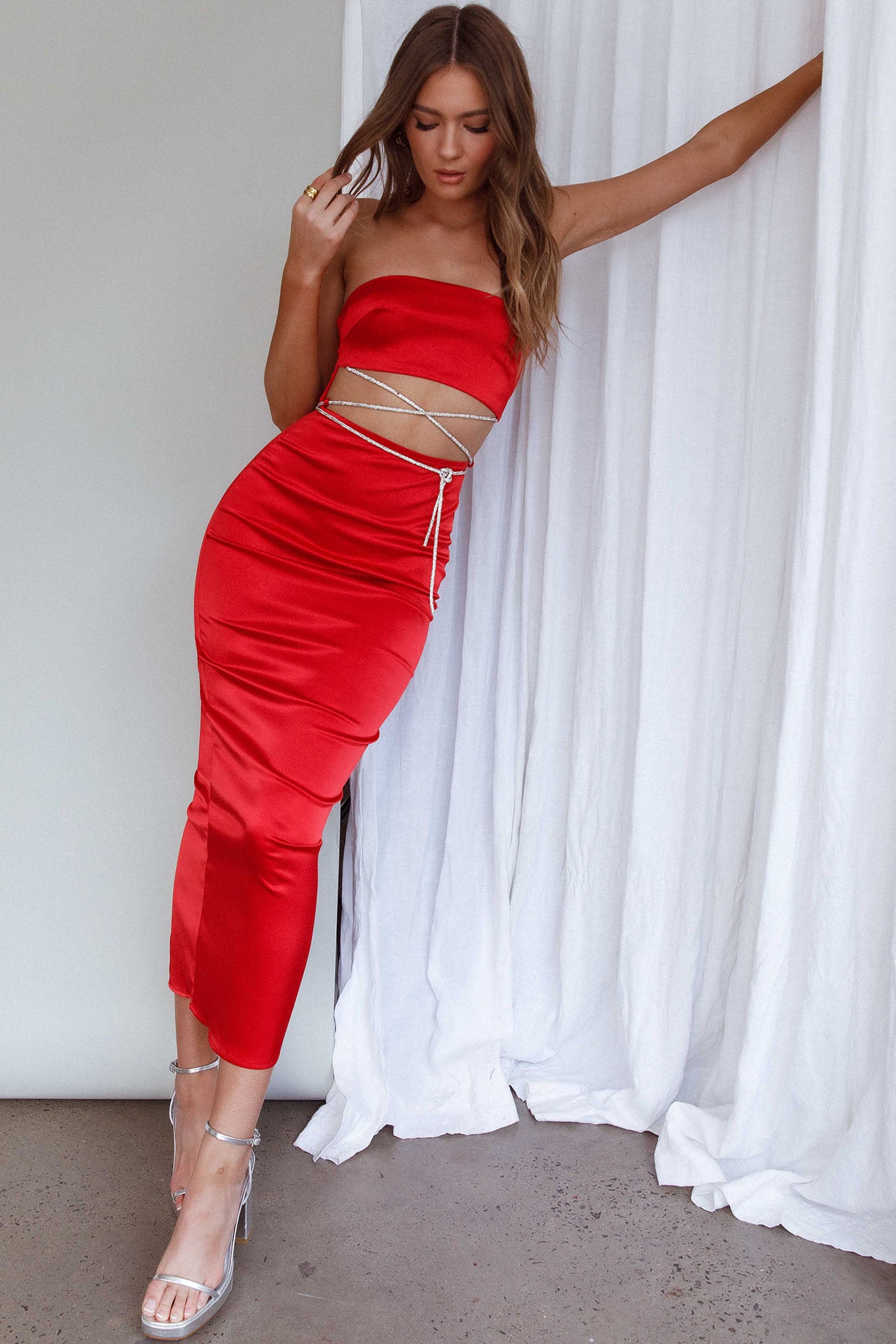 Nohemi Strapless Diamante Maxi Dress Red-Maymioy