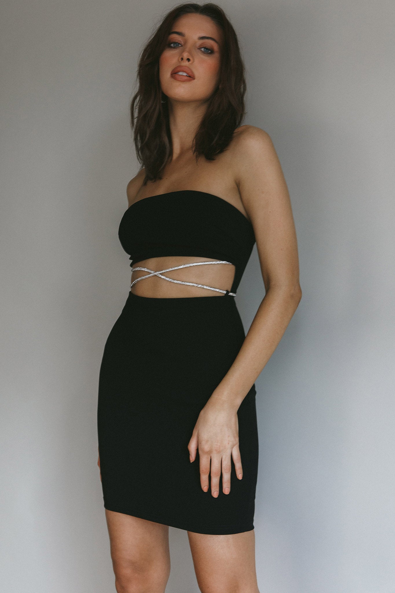 Nohemi Strapless Diamante Mini Dress Black-Maymioy