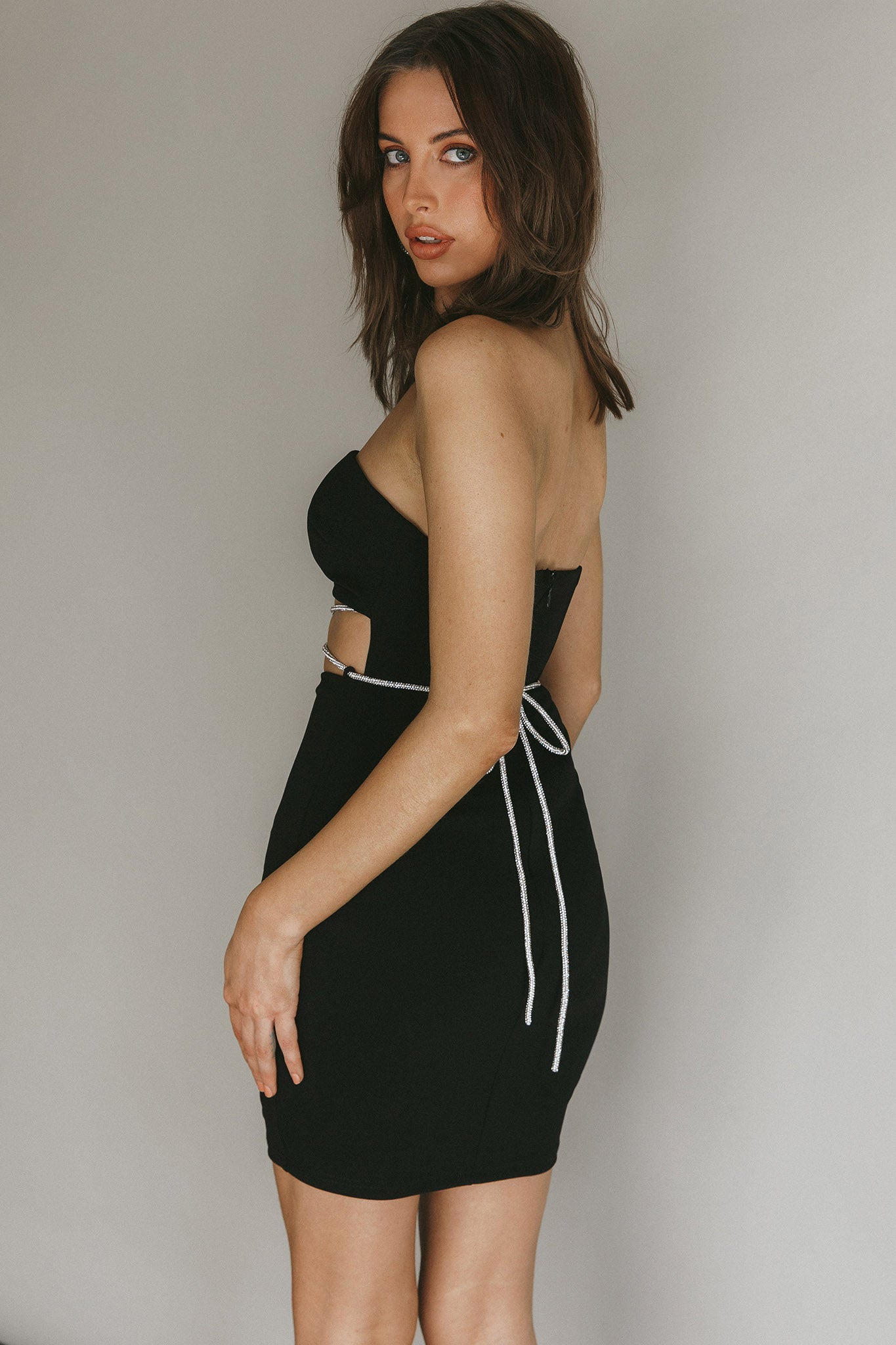 Nohemi Strapless Diamante Mini Dress Black-Maymioy