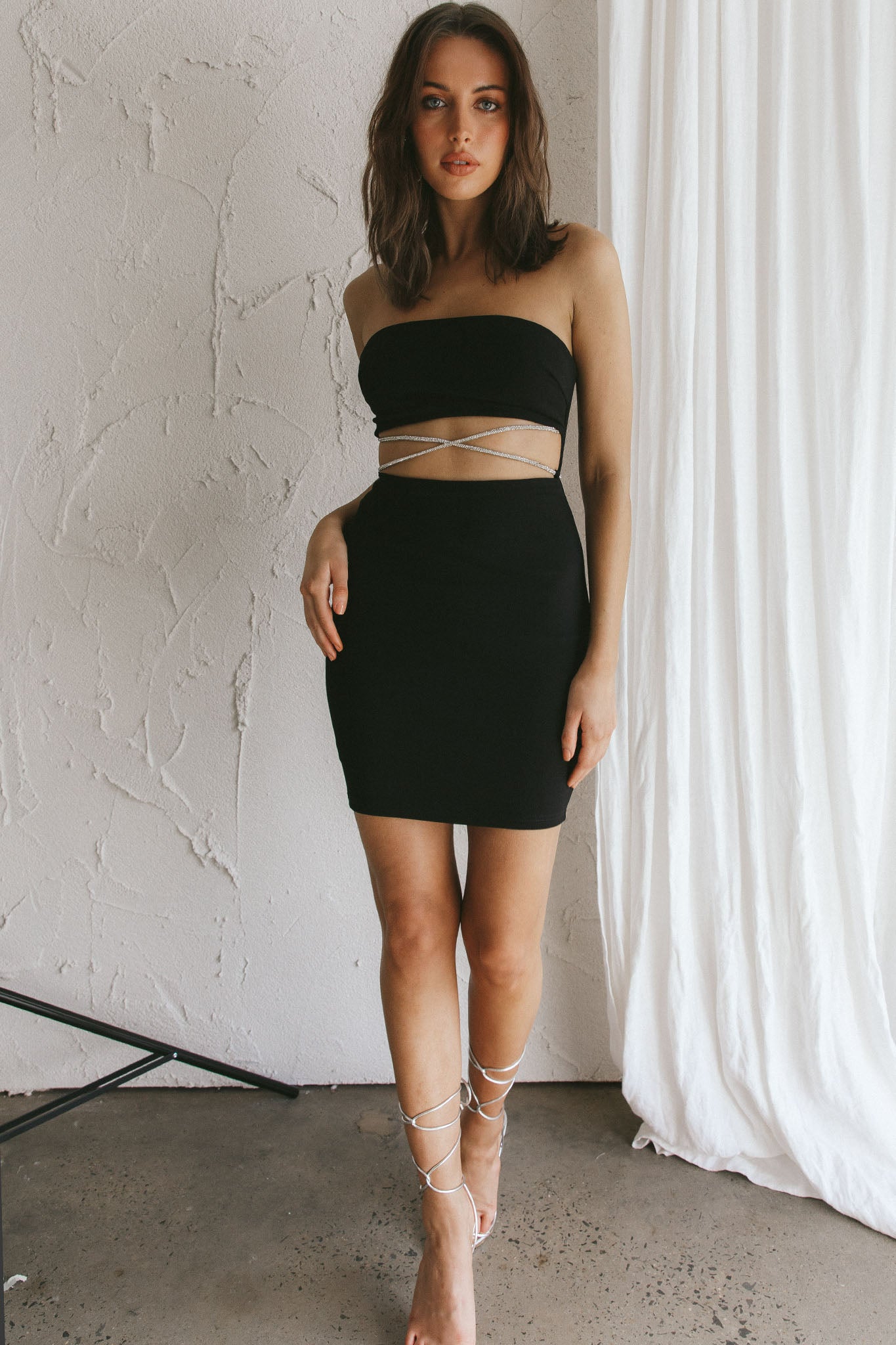 Nohemi Strapless Diamante Mini Dress Black-Maymioy