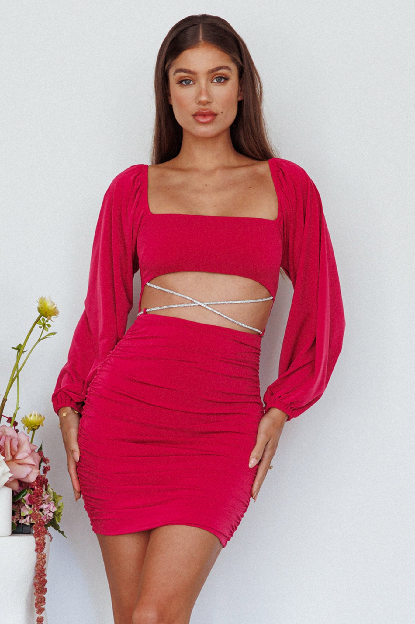 Nohemi Long Sleeve Diamante Mini Dress Plum-Maymioy