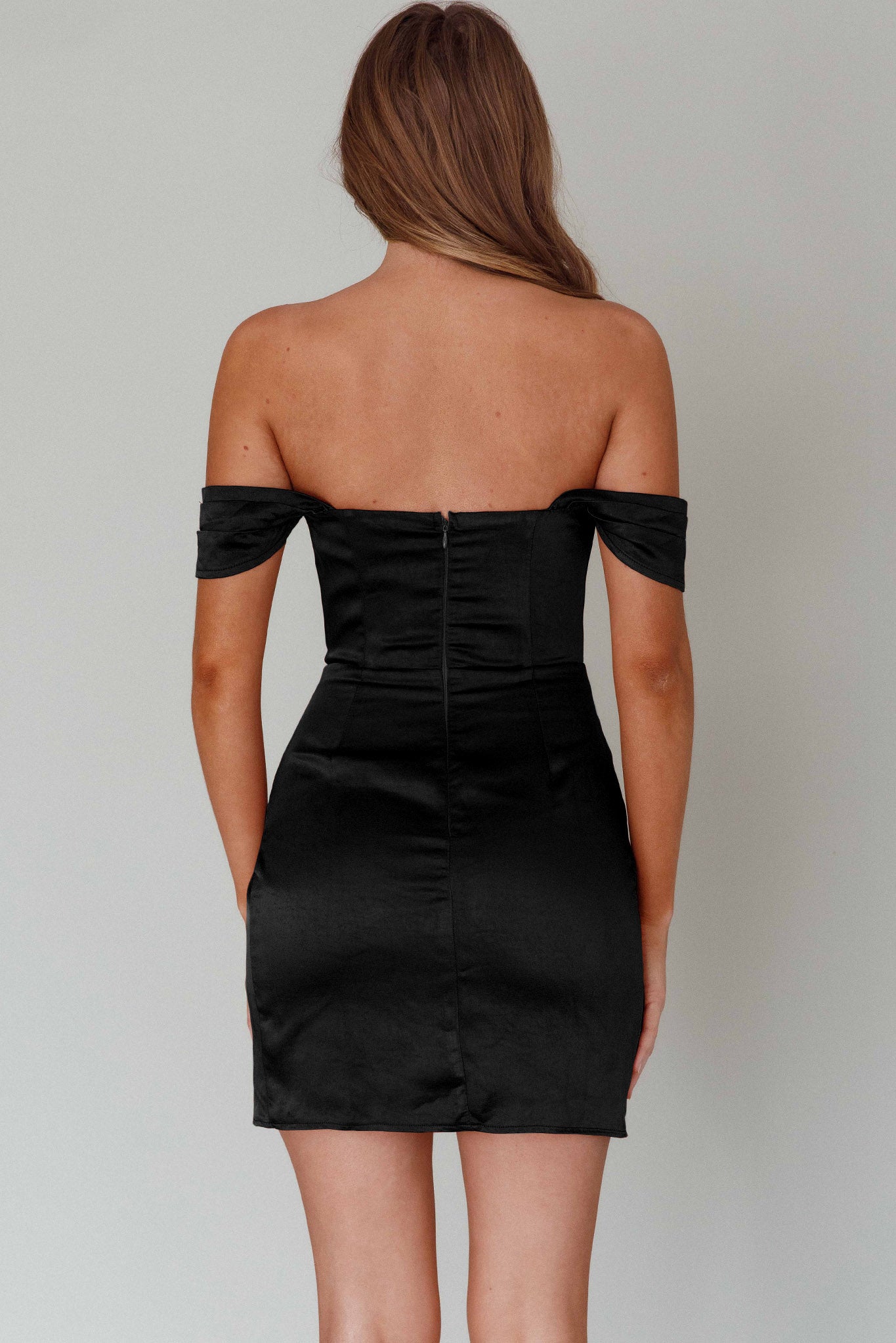 Night To Remember Off-Shoulder Satin Dress Black-Maymioy