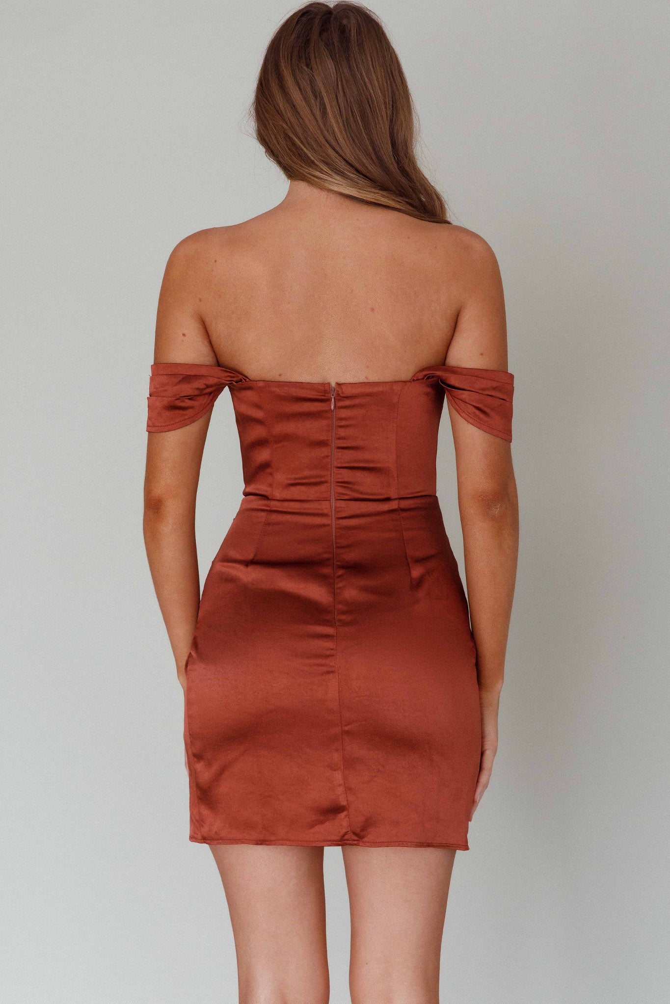 Night To Remember Off-Shoulder Satin Dress Chocolate-Maymioy