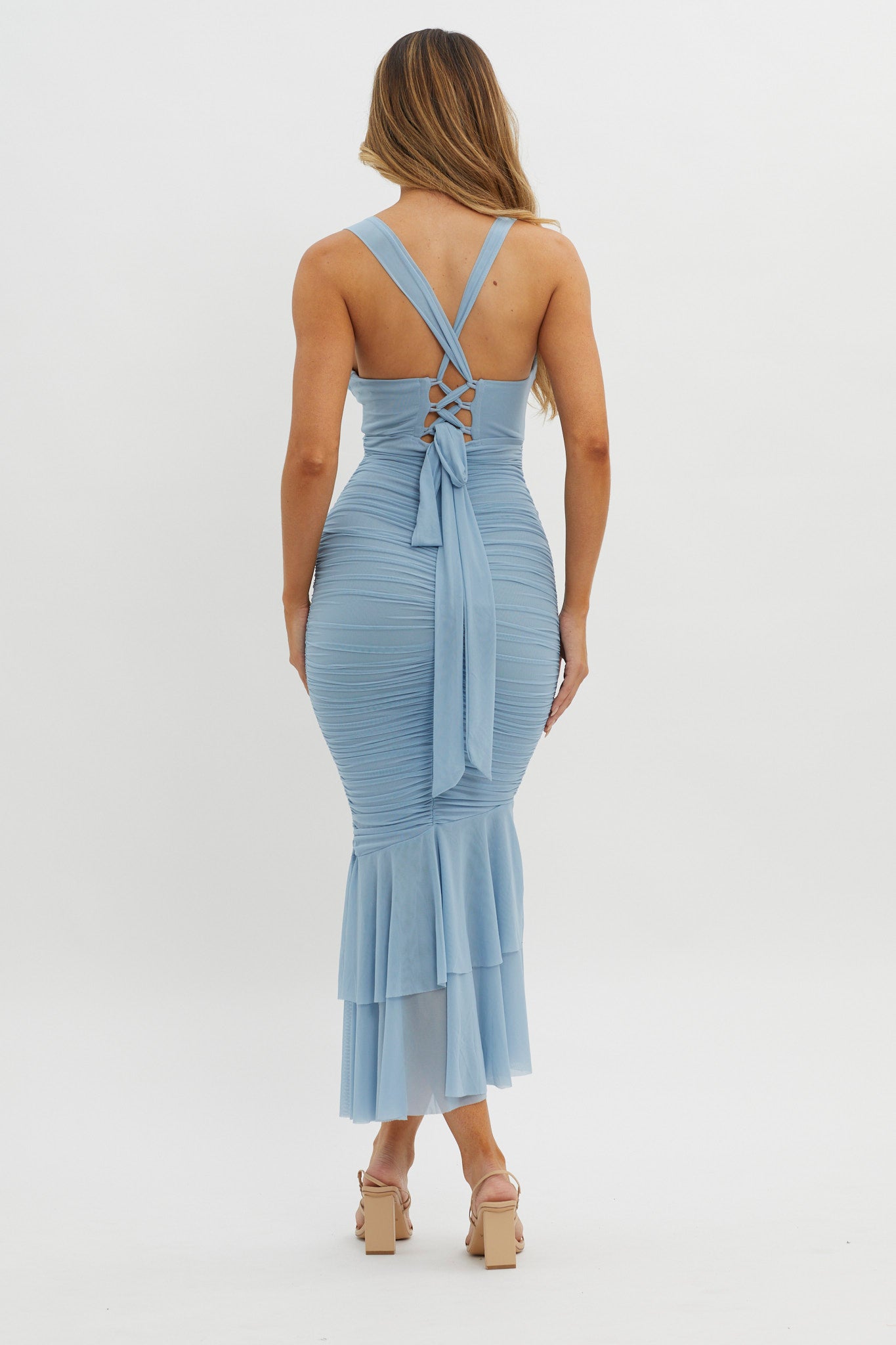 Surreal Lace-Up Back Ruched Midi Dress Blue-Maymioy