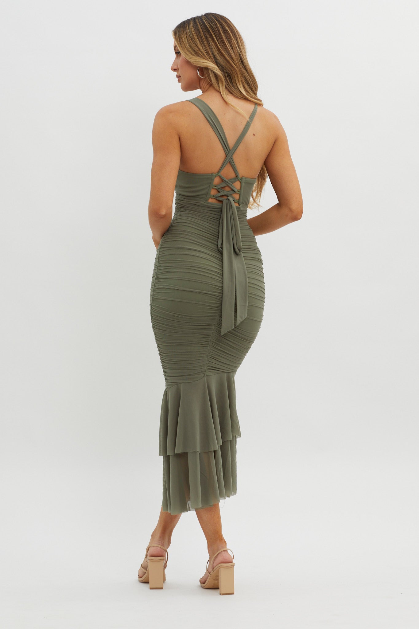 Surreal Lace-Up Back Ruched Midi Dress Olive-Maymioy