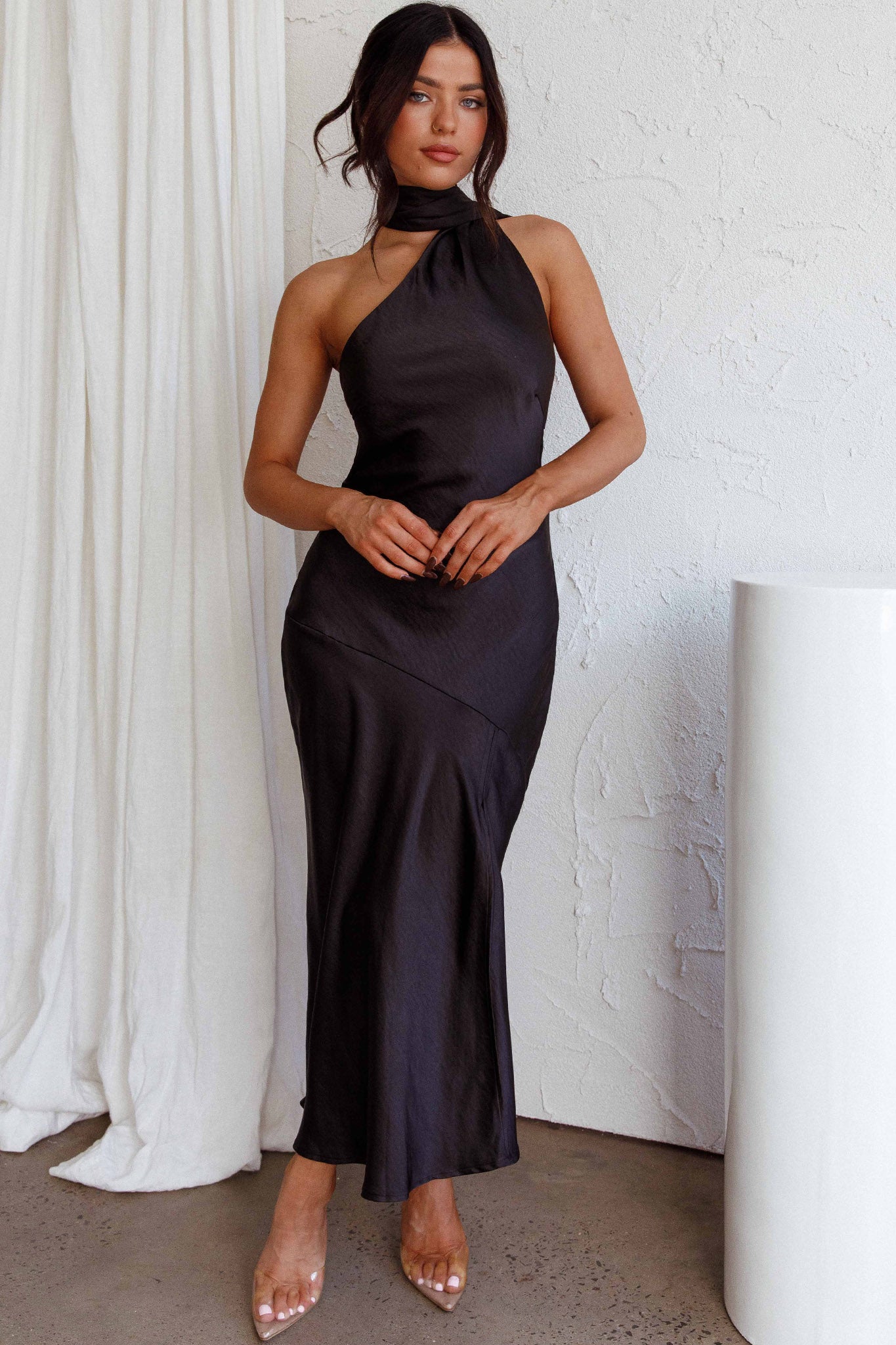 Italian Summer Tie Neck Midi Dress Black-Maymioy