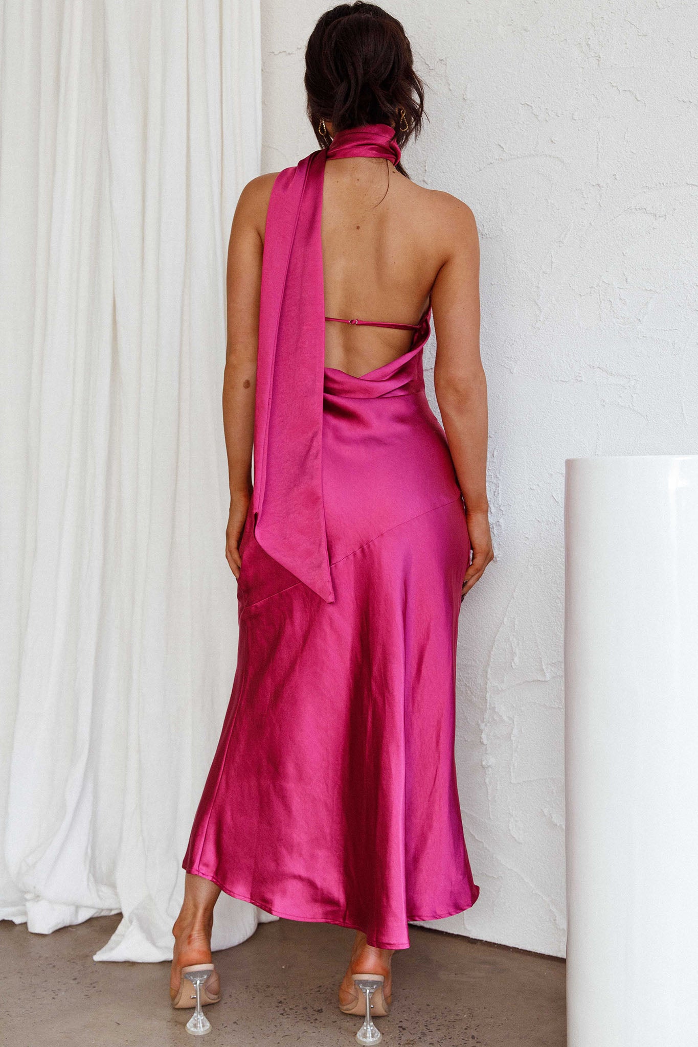 Italian Summer Tie Neck Midi Dress Fuchsia-Maymioy