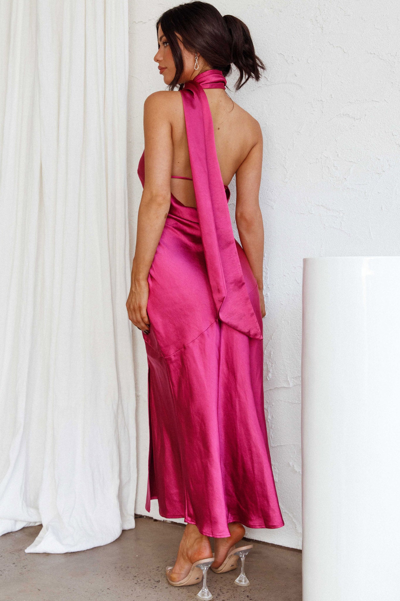 Italian Summer Tie Neck Midi Dress Fuchsia-Maymioy
