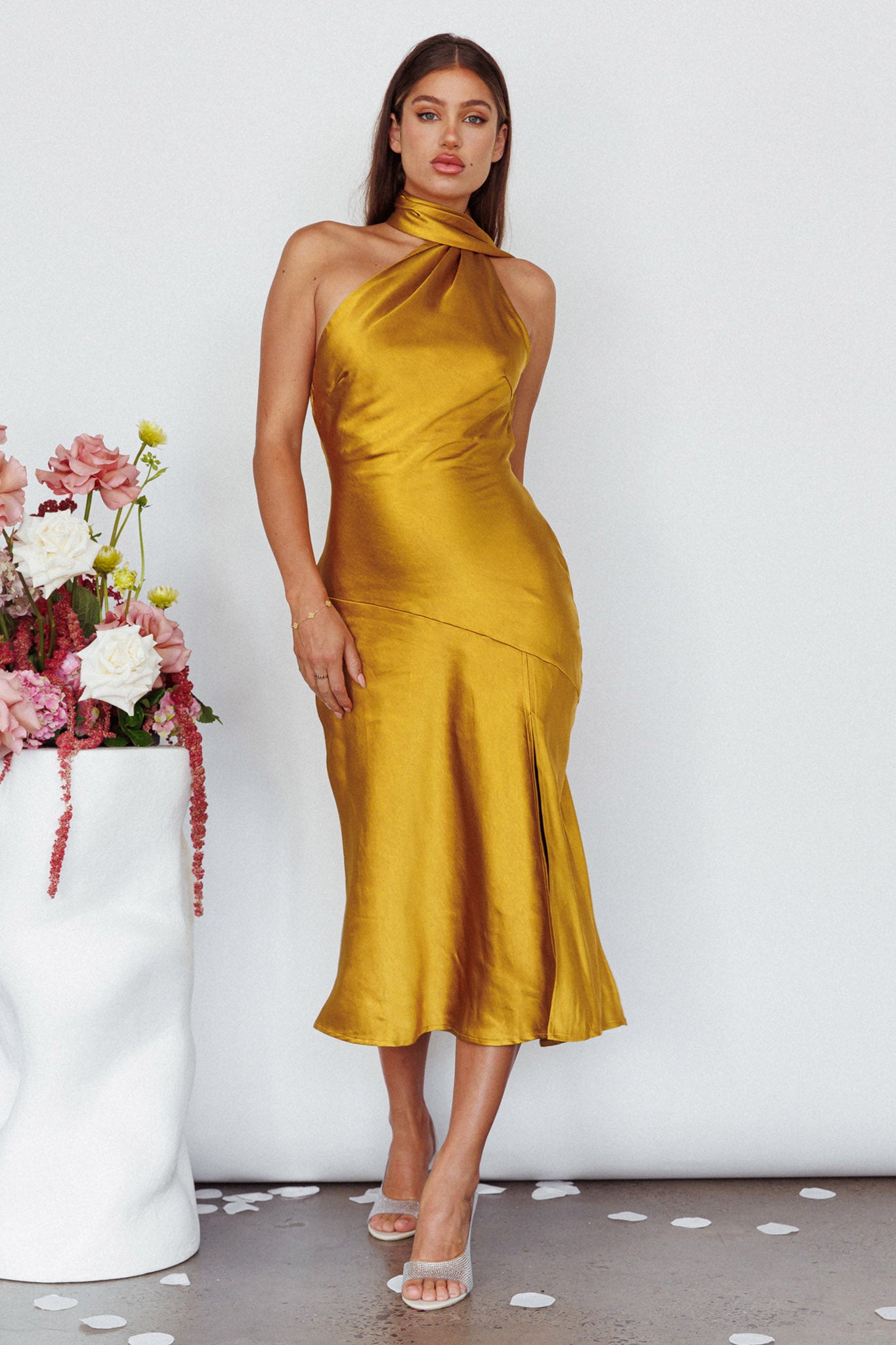 Italian Summer Tie Neck Midi Dress Mustard-Maymioy