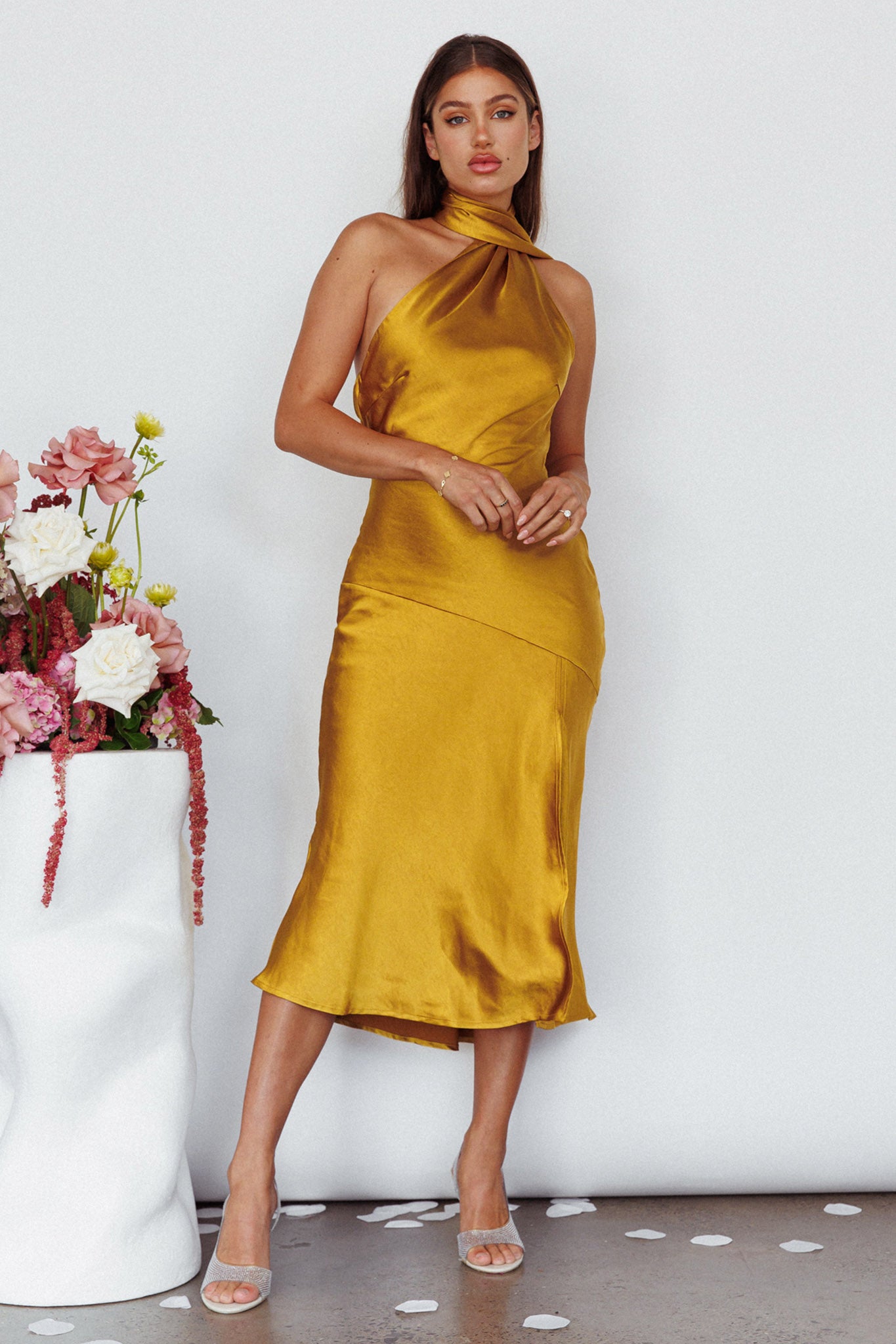 Italian Summer Tie Neck Midi Dress Mustard-Maymioy