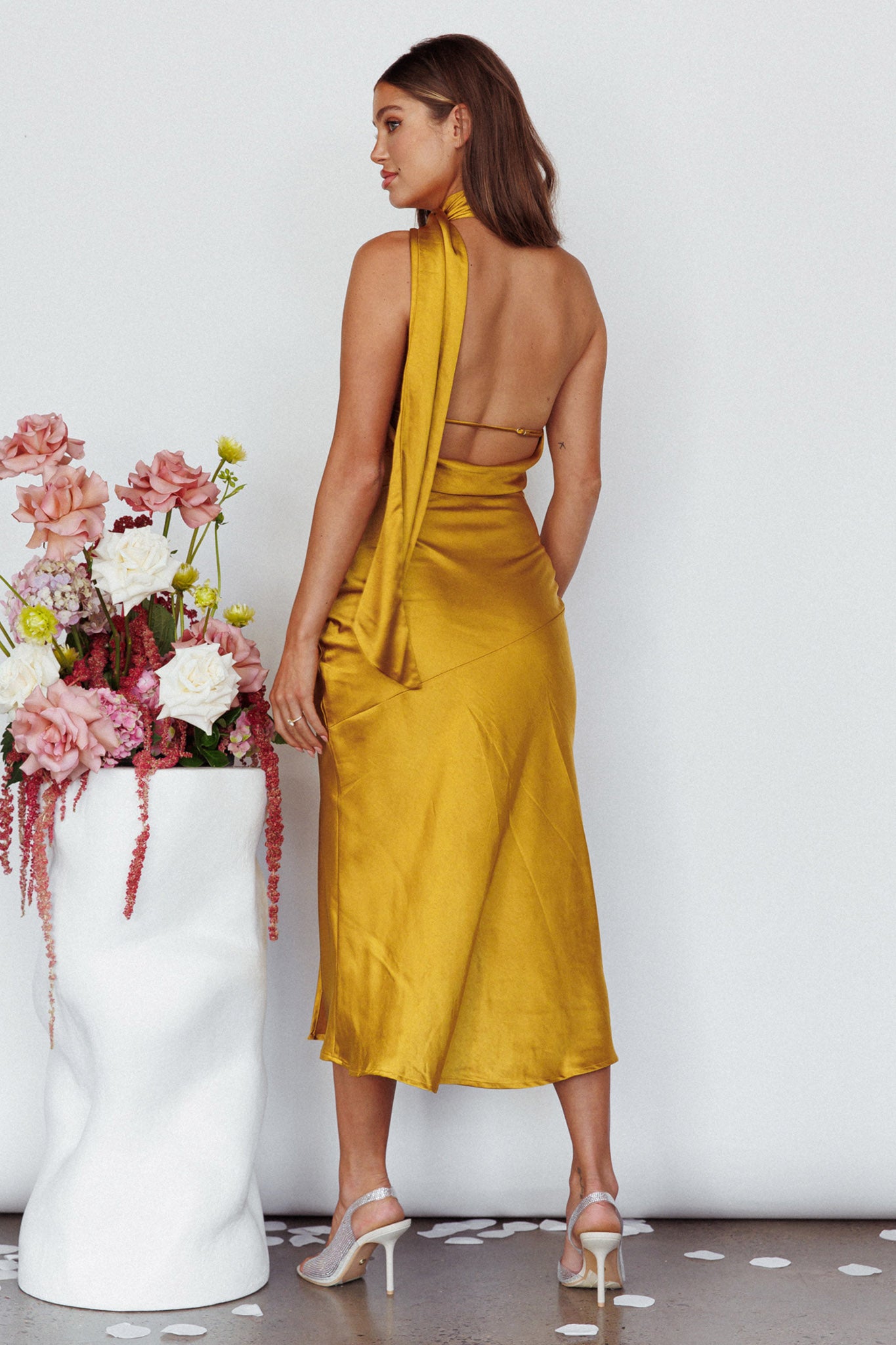 Italian Summer Tie Neck Midi Dress Mustard-Maymioy
