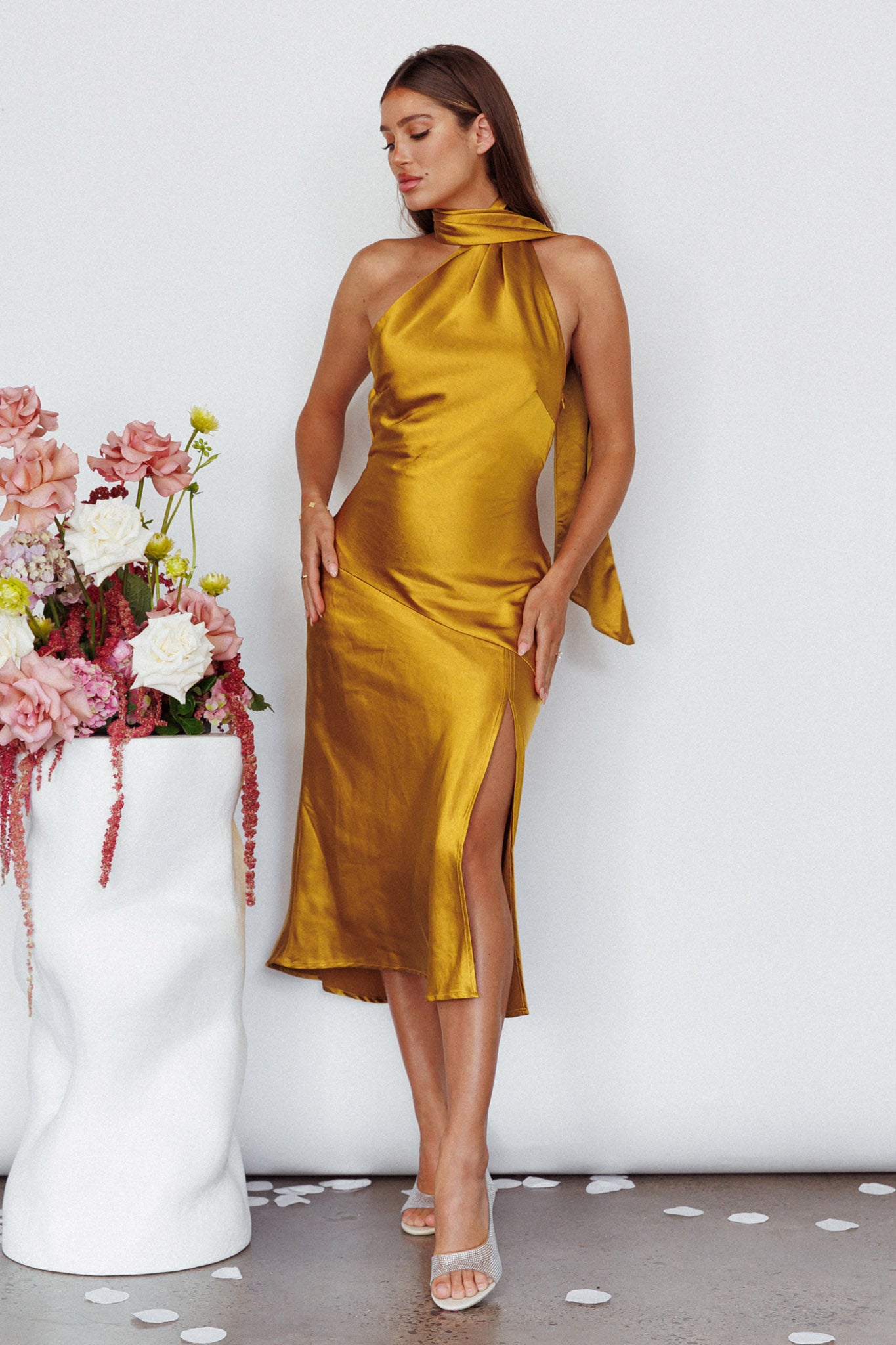 Italian Summer Tie Neck Midi Dress Mustard-Maymioy