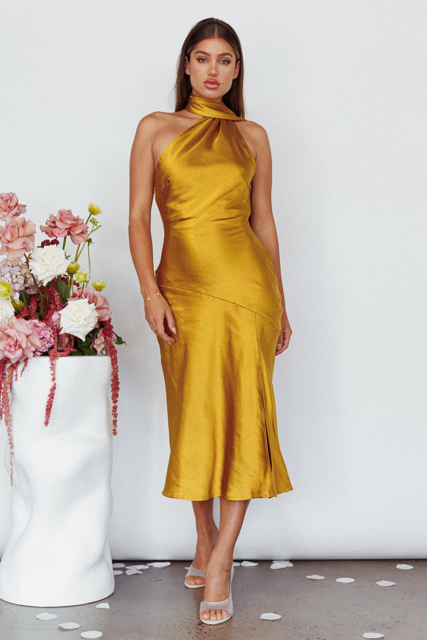 Italian Summer Tie Neck Midi Dress Mustard-Maymioy