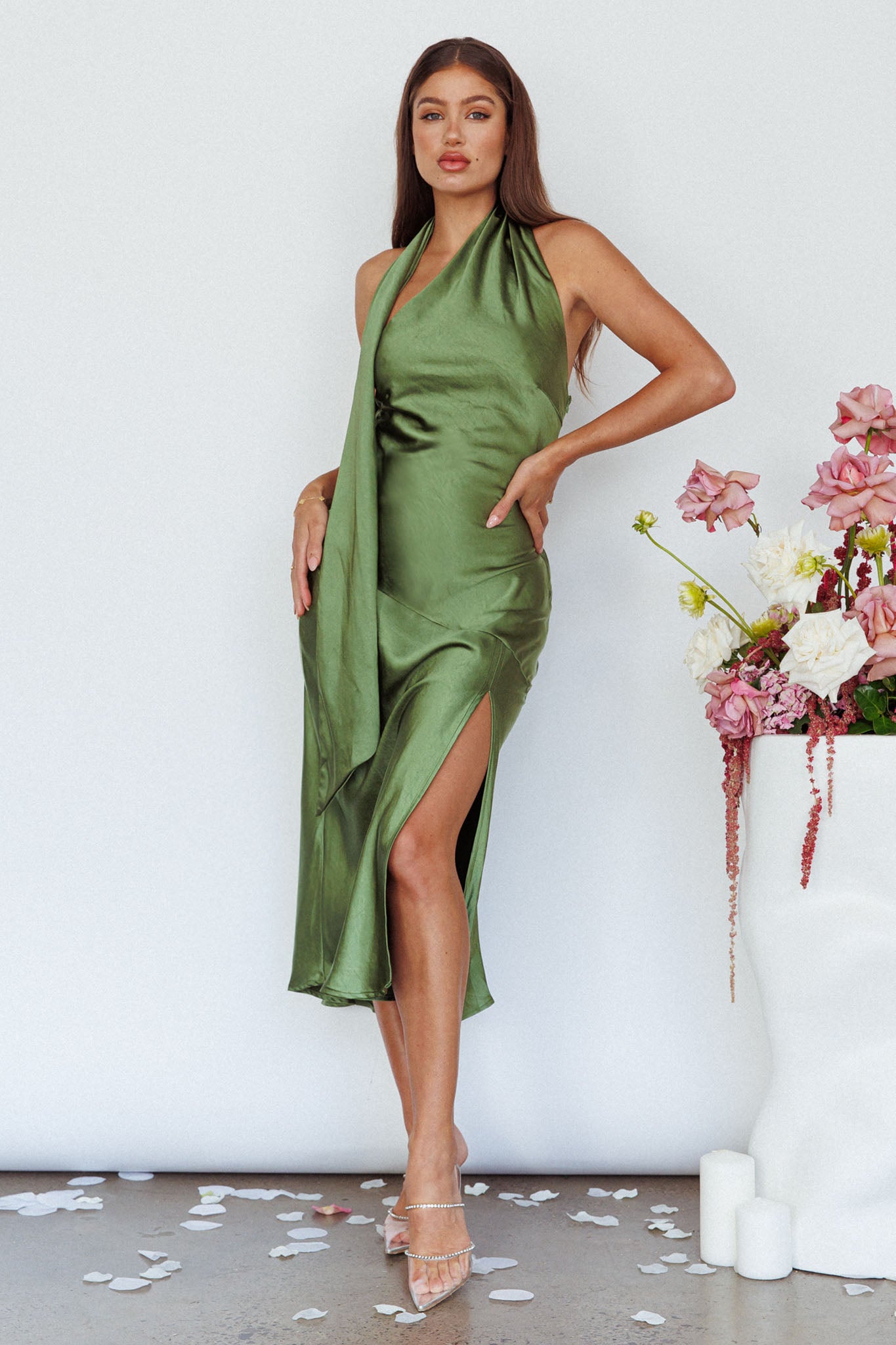 Italian Summer Tie Neck Midi Dress Olive-Maymioy