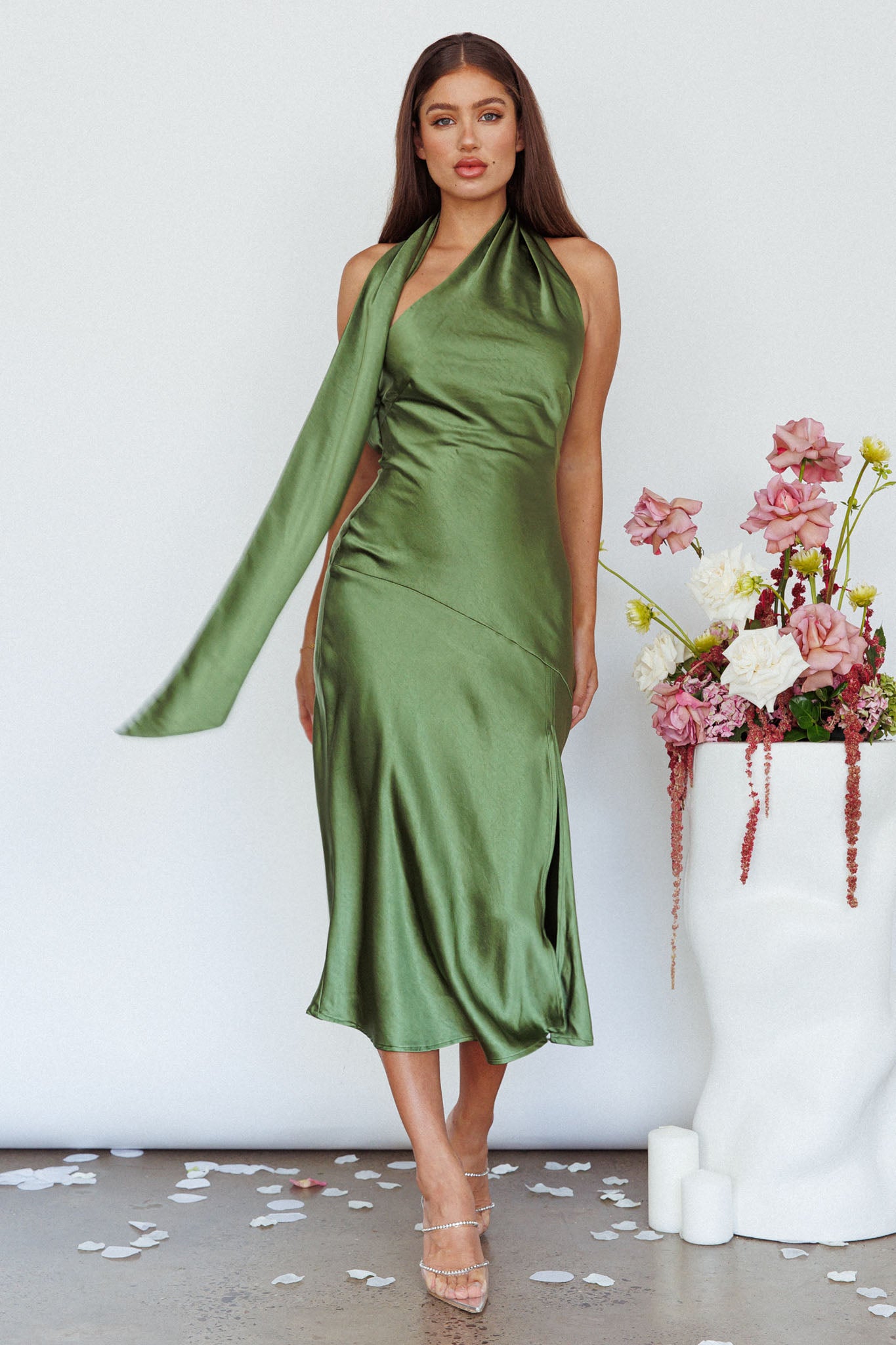 Italian Summer Tie Neck Midi Dress Olive-Maymioy