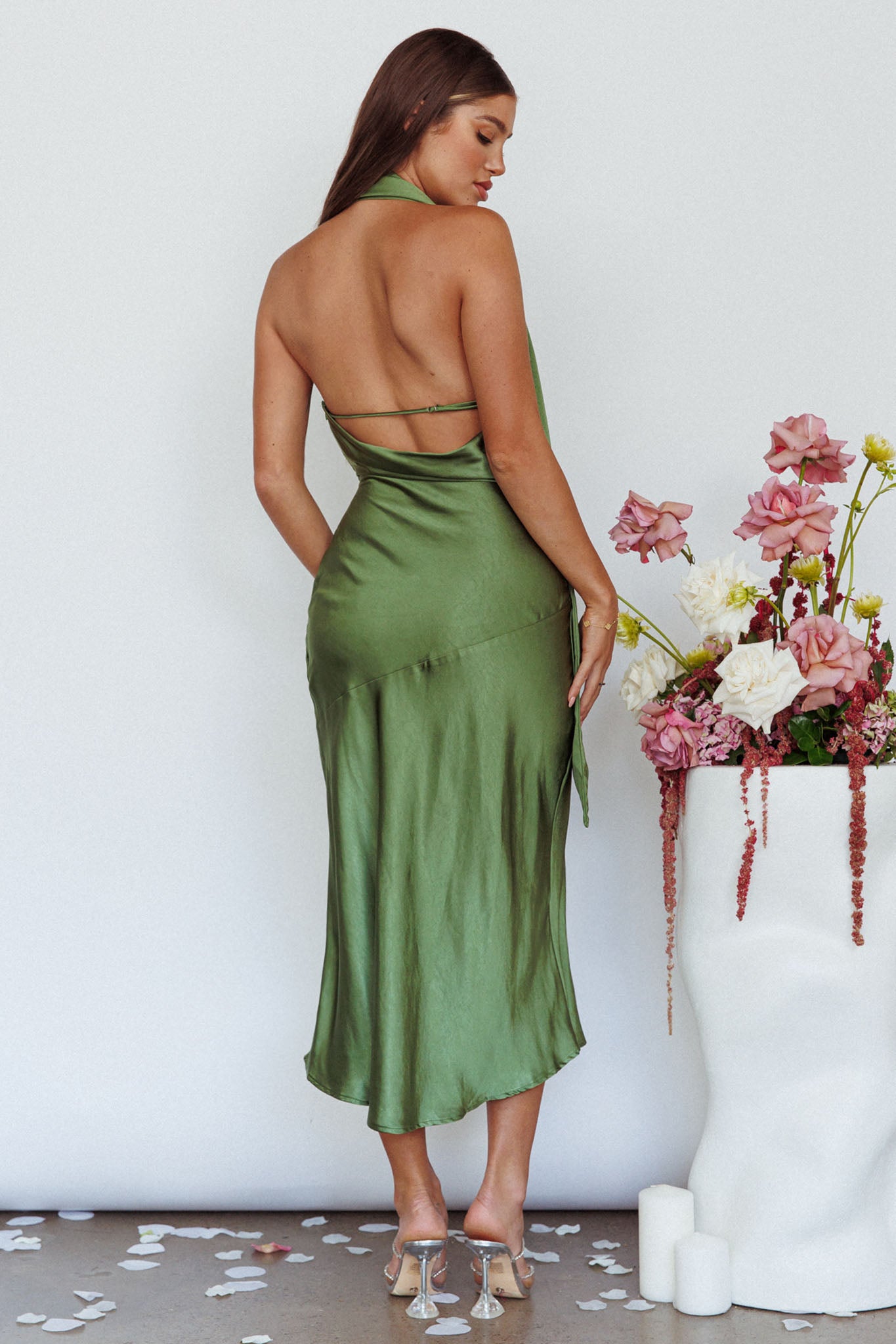 Italian Summer Tie Neck Midi Dress Olive-Maymioy