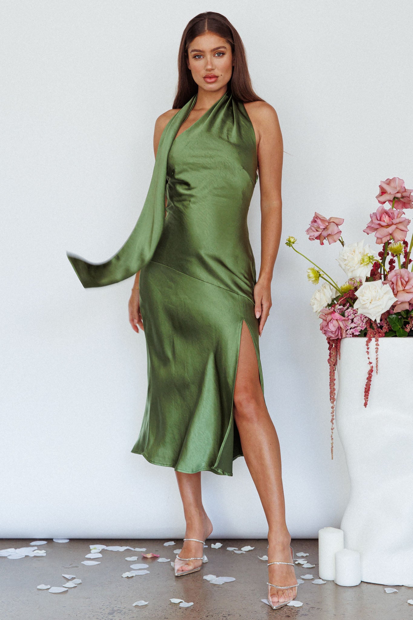 Italian Summer Tie Neck Midi Dress Olive-Maymioy