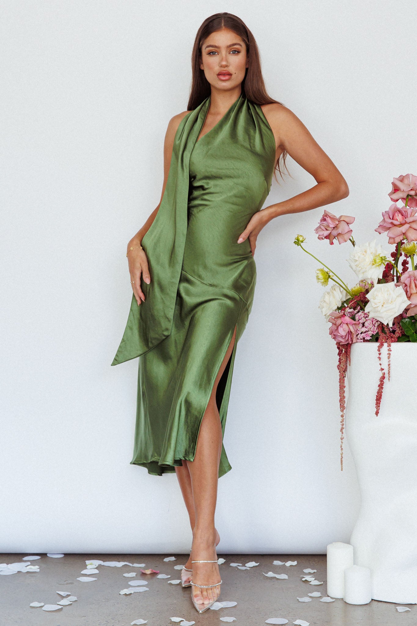 Italian Summer Tie Neck Midi Dress Olive-Maymioy