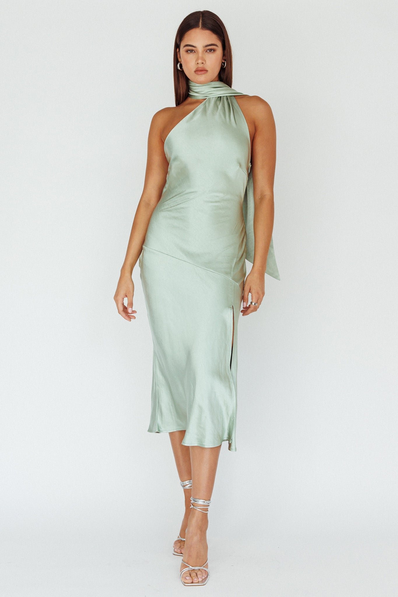 Italian Summer Tie Neck Midi Dress Sage-Maymioy