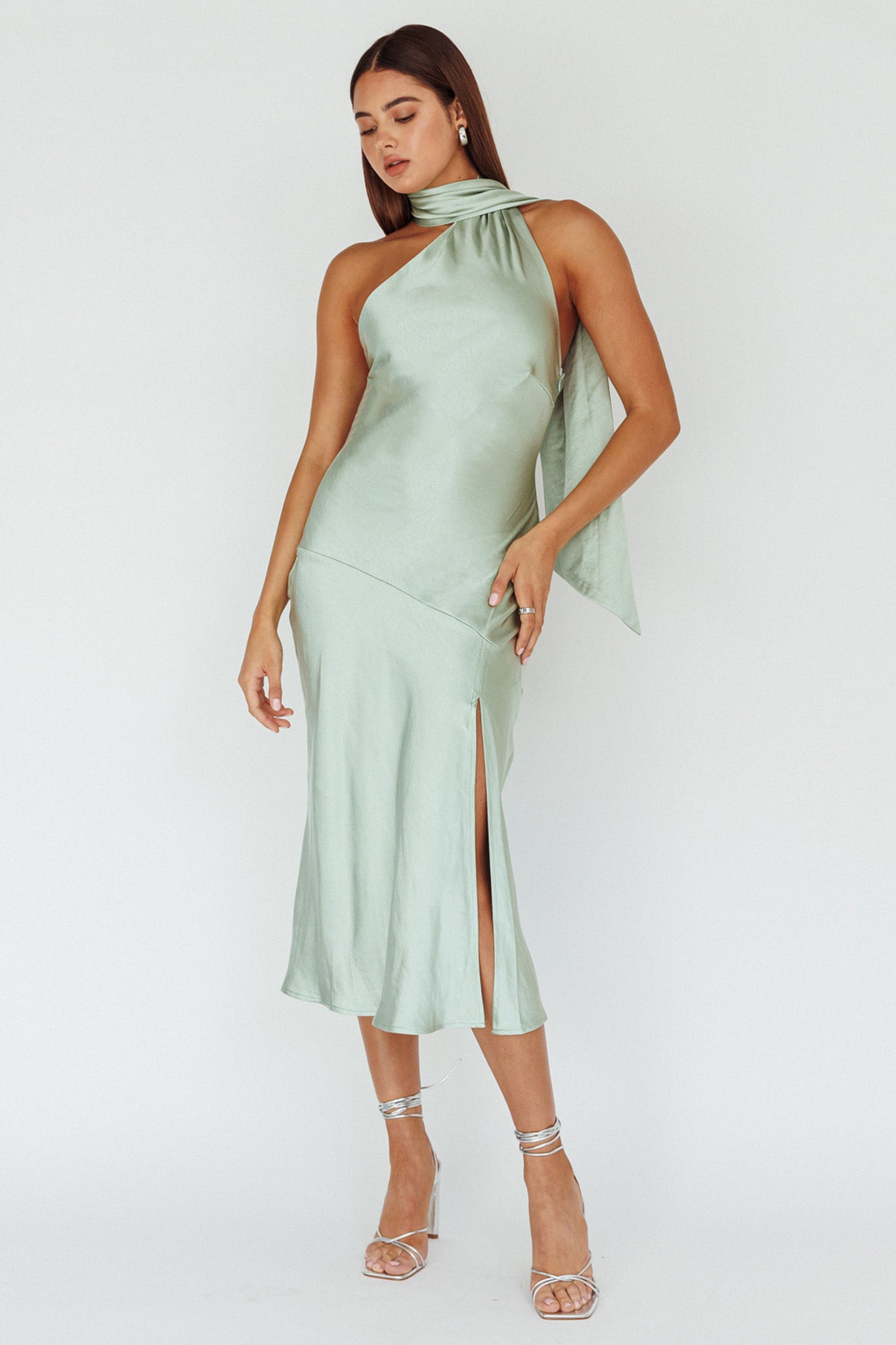 Italian Summer Tie Neck Midi Dress Sage-Maymioy