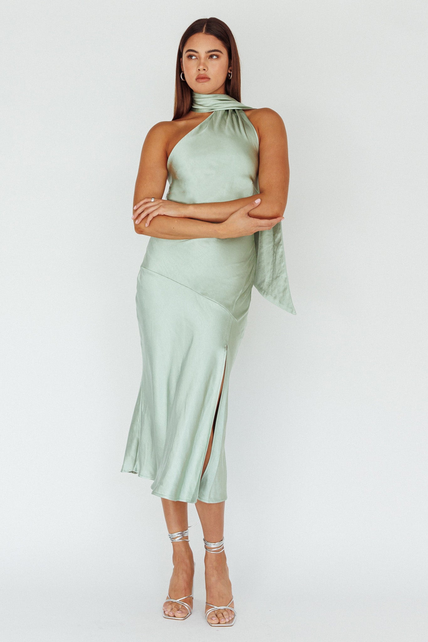 Italian Summer Tie Neck Midi Dress Sage-Maymioy