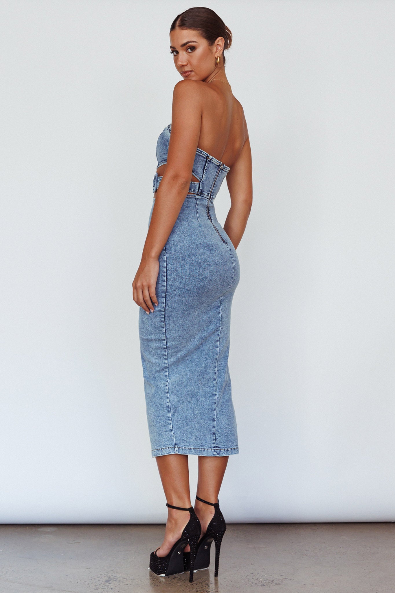 Glisten Cut-Out Buckle Waist Midi Dress Denim Blue-Maymioy