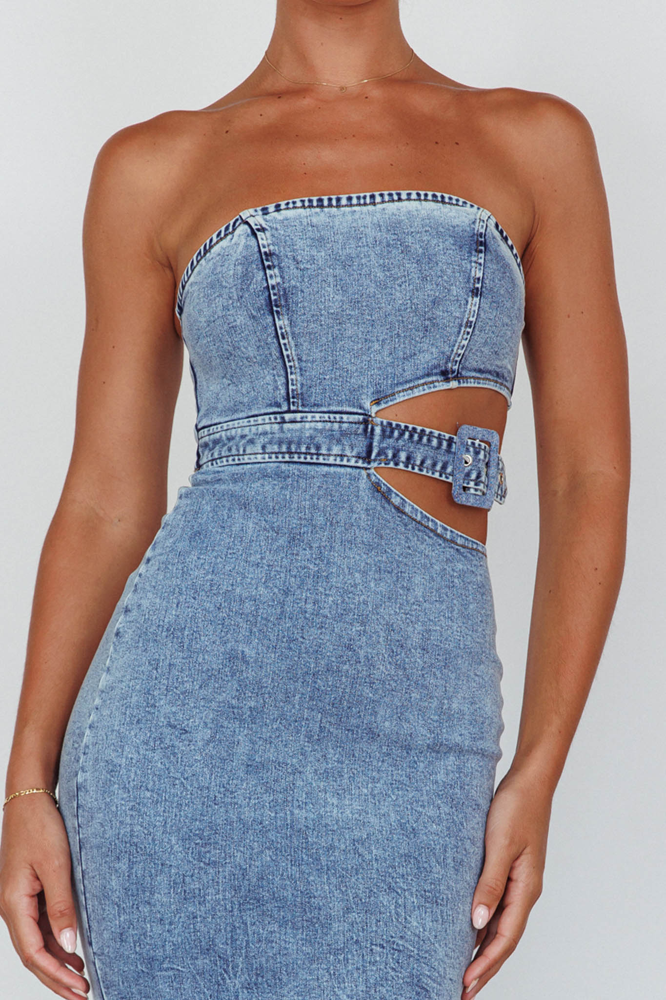 Glisten Cut-Out Buckle Waist Midi Dress Denim Blue-Maymioy