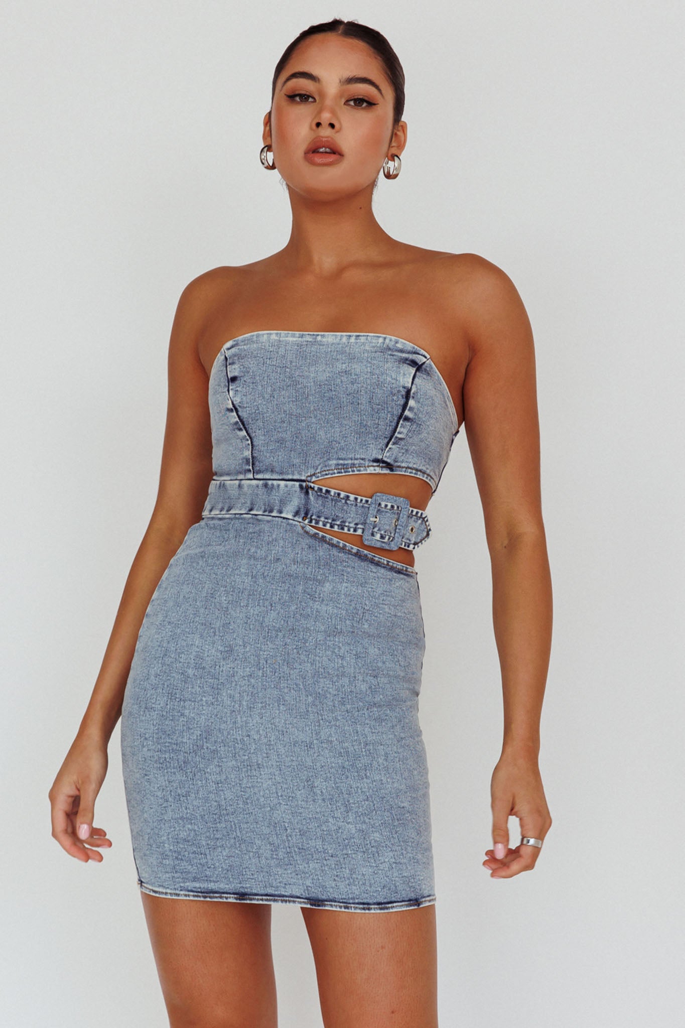 Jett Buckle Waist Mini Dress Denim Blue-Maymioy
