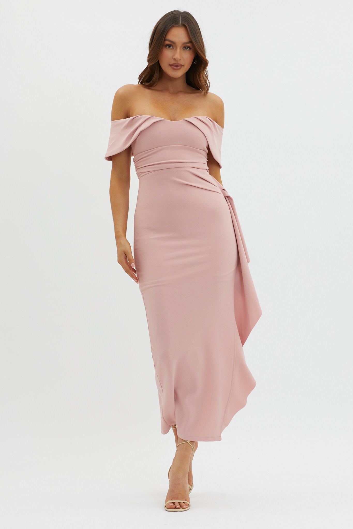 Lillianne Off-Shoulder Side Ruffle Maxi Dress Blush-Maymioy