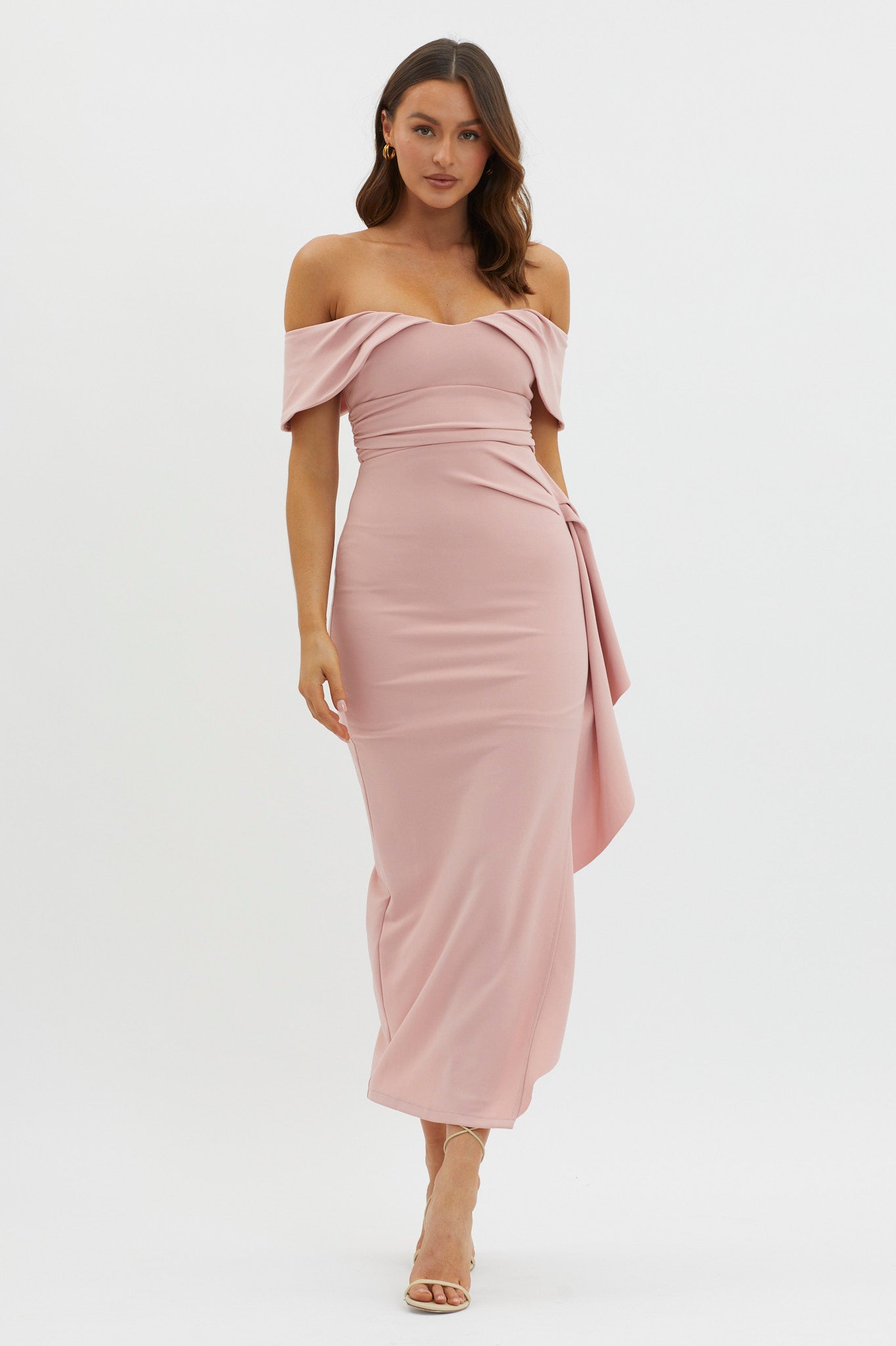 Lillianne Off-Shoulder Side Ruffle Maxi Dress Blush-Maymioy